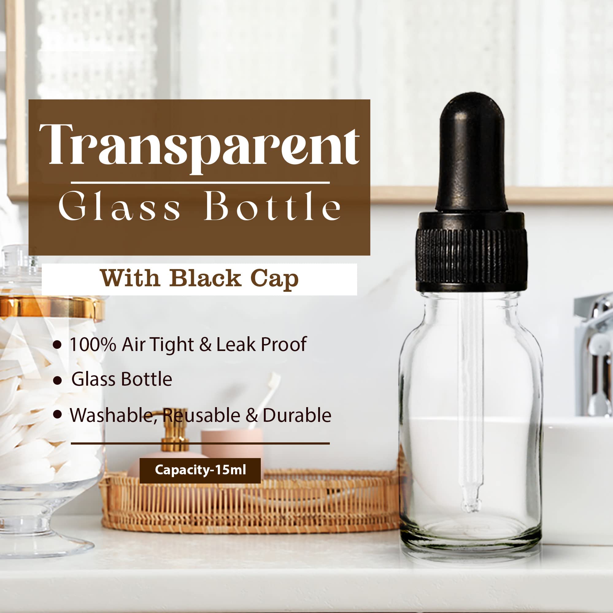 NSB Herbals 15ml Clear Round Empty Glass Bottle with Dropper - Black Ring & Silicone Teat for Essential Oils, Perfumes, DIY Blends (Pack of 3) | Perfect for Aromatherapy, Travel & Home Fragrance