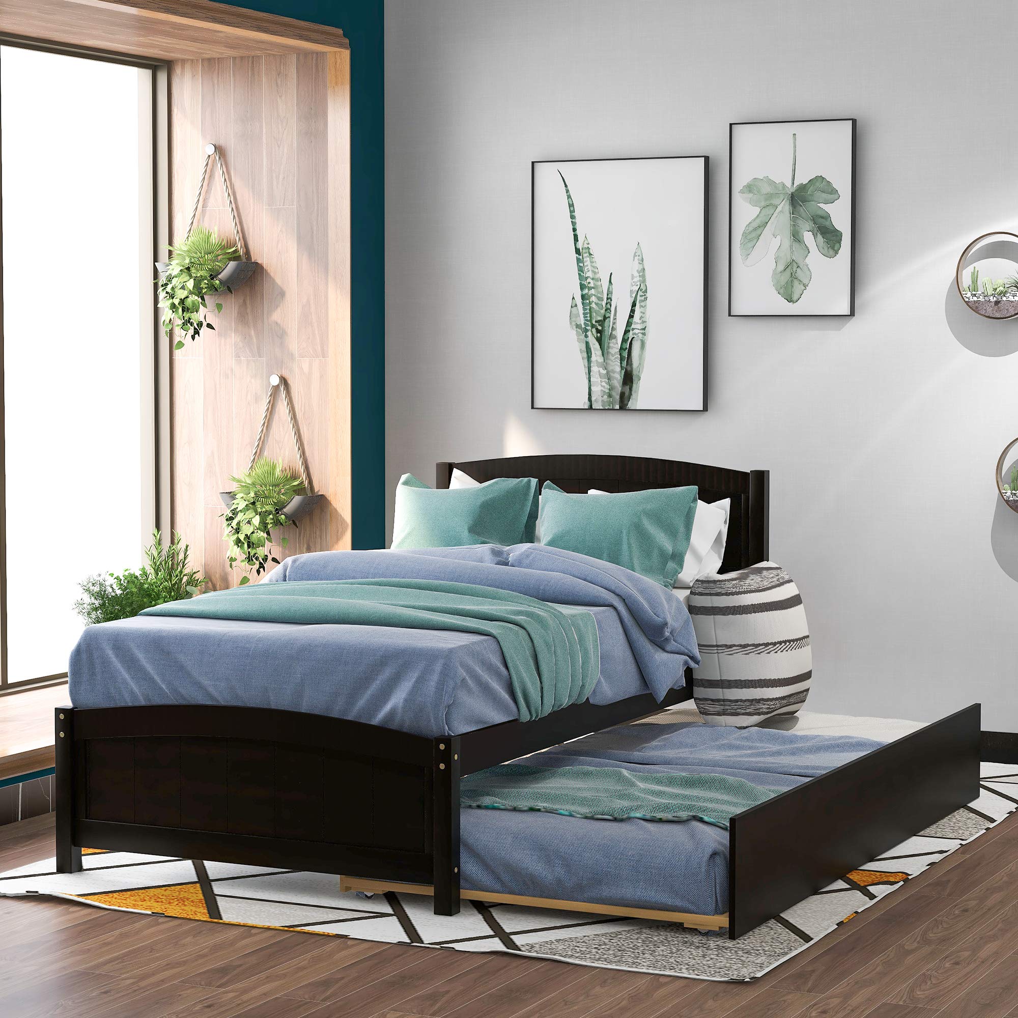 **Knocbel Twin Bed with Trundle - Solid Wood Platform Bed Frame with Headboard & Slats Support - Espresso Finish - Perfect for Kids' Rooms, Guest Beds & Small Spaces**