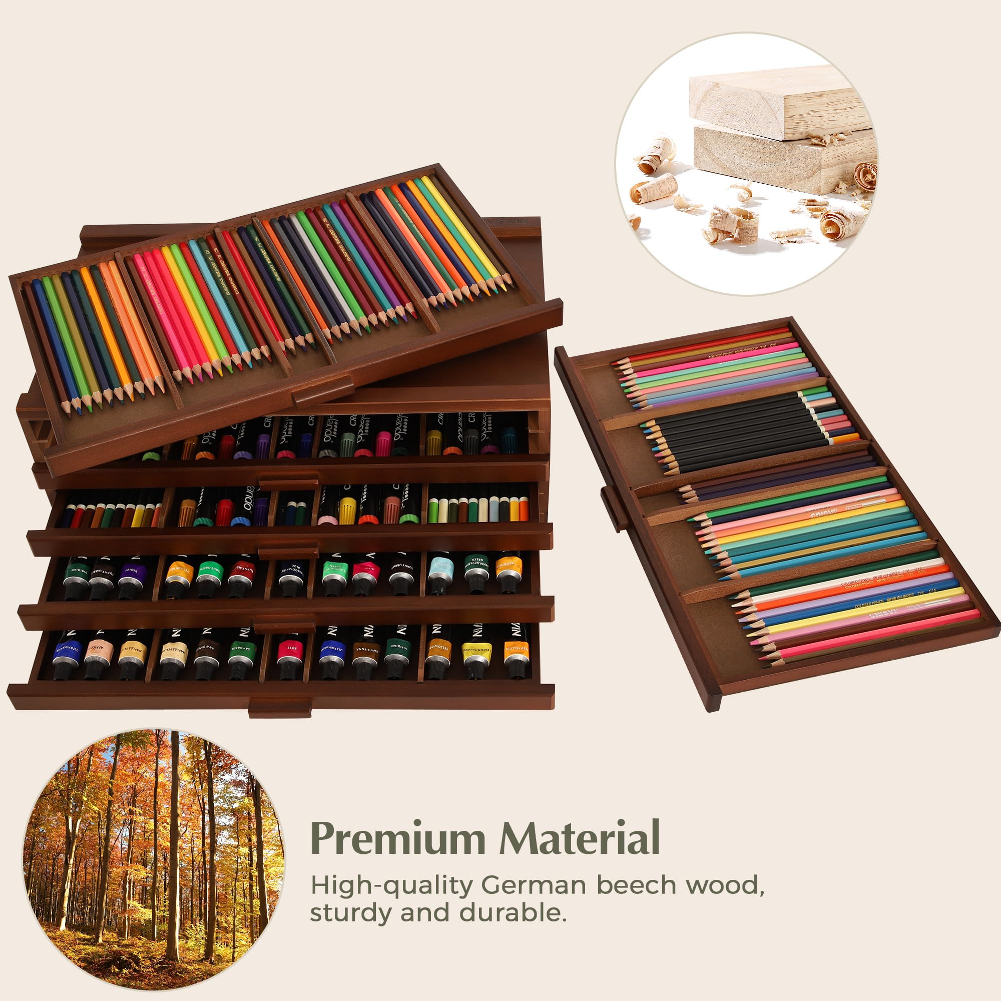 VISWIN Upgraded 6-Drawer Wooden Art Supply Organizer - Premium Beechwood Storage Box with Removable Dividers for Paints, Markers, Pencils, Pens & Brushes | Portable Artist Tool Box for Studio, Classroom & Home Craft Organization