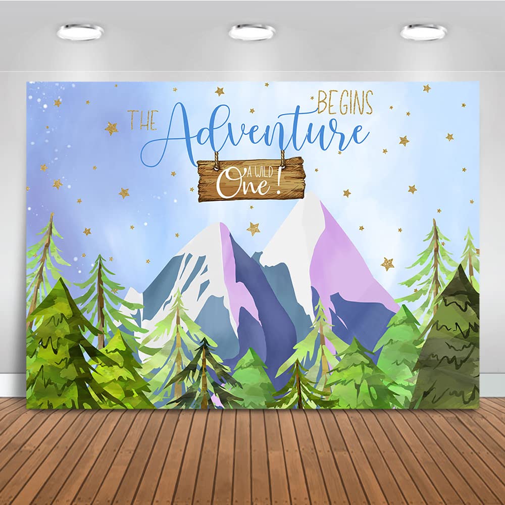 Adventure Begins Baby Shower Backdrop - 7x5ft Forest Mountain Theme with Stars, Perfect for Cake Table Decor, Photo Booth Props & Nursery Wall Decor | Ideal for Baby Showers, Gender Reveals & First Birthday Parties