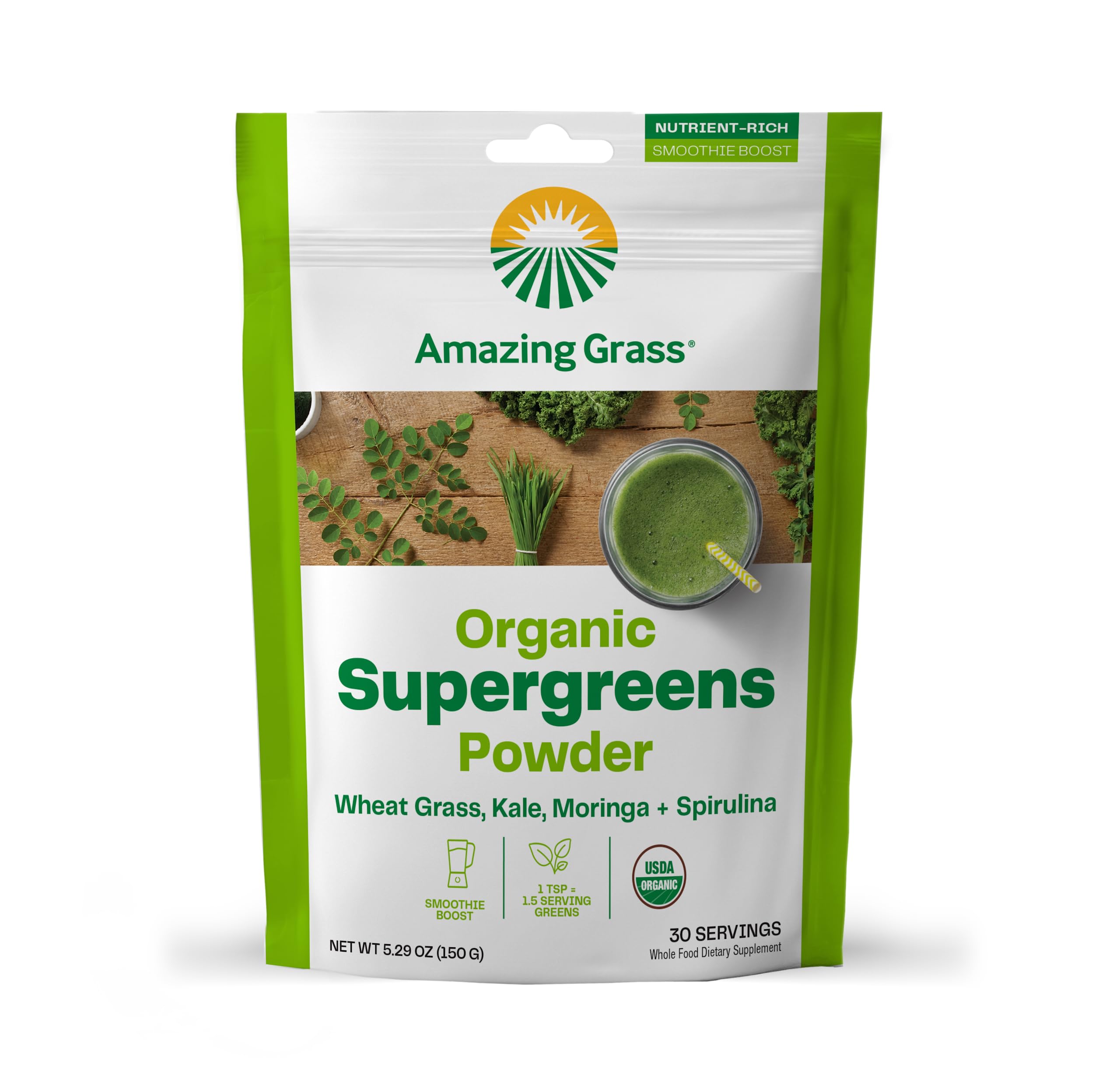 Amazing Grass Super Greens Booster Powder - Organic Spirulina, Moringa, Wheat Grass & Kale Smoothie Mix with Chlorophyll - 30 Servings for Energy Boost, Detox & Immune Support - Perfect for Smoothies, Juices & Healthy Morning Routines