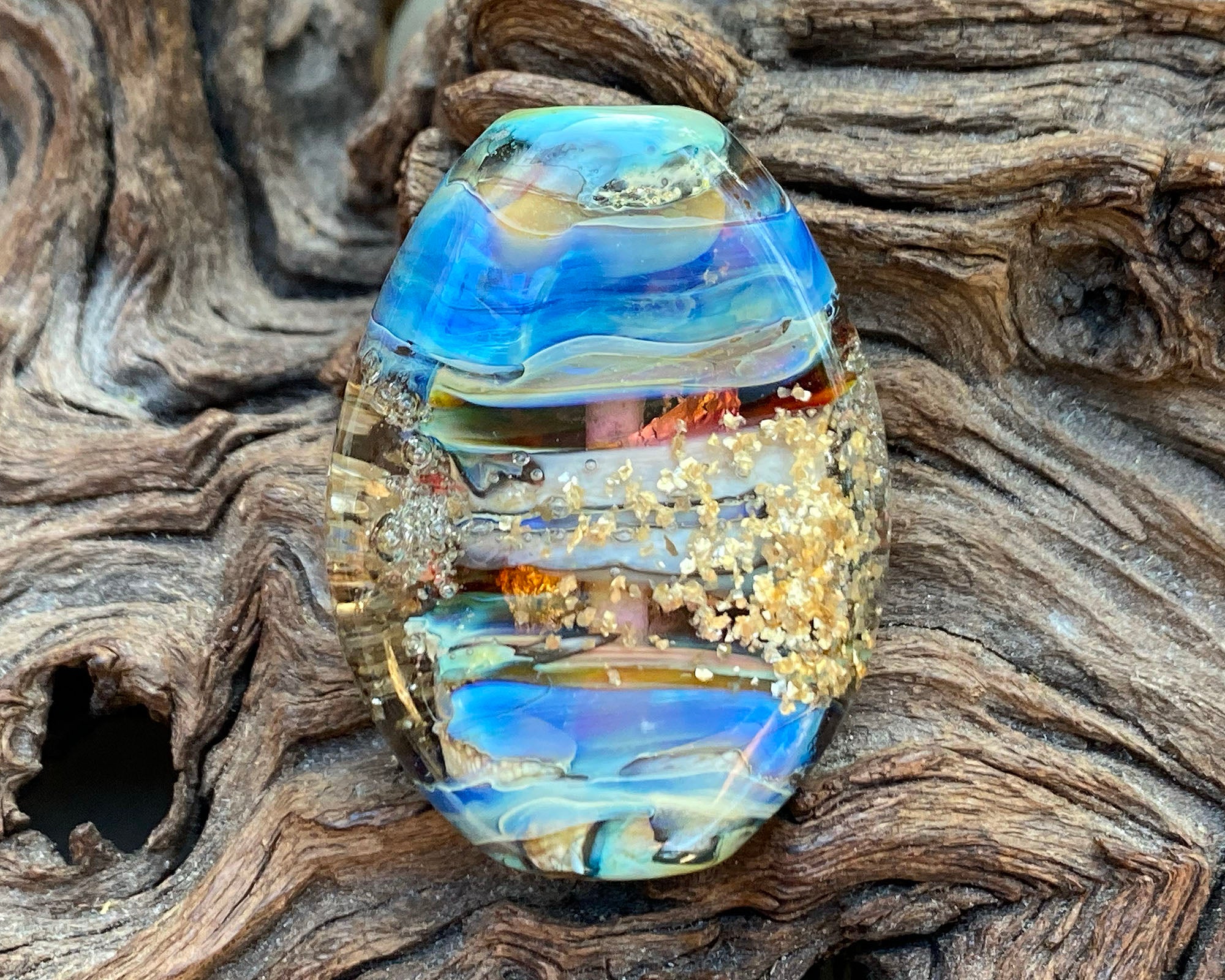 Blue Gold Mica Organic Lampwork Focal Bead SRA - Handmade Glass Bead for Jewelry Making, DIY Crafts & Beading Projects