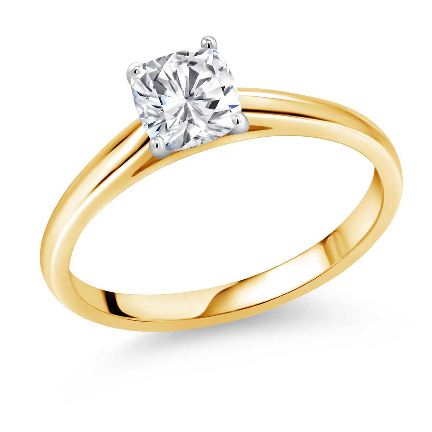 10K Yellow Gold Solitaire Ring with White Gold Prongs - Cushion Cut GH Color Created Moissanite (0.63 CTTW) by Gem Stone King | Elegant Engagement Ring, Wedding Band, Anniversary Gift for Her