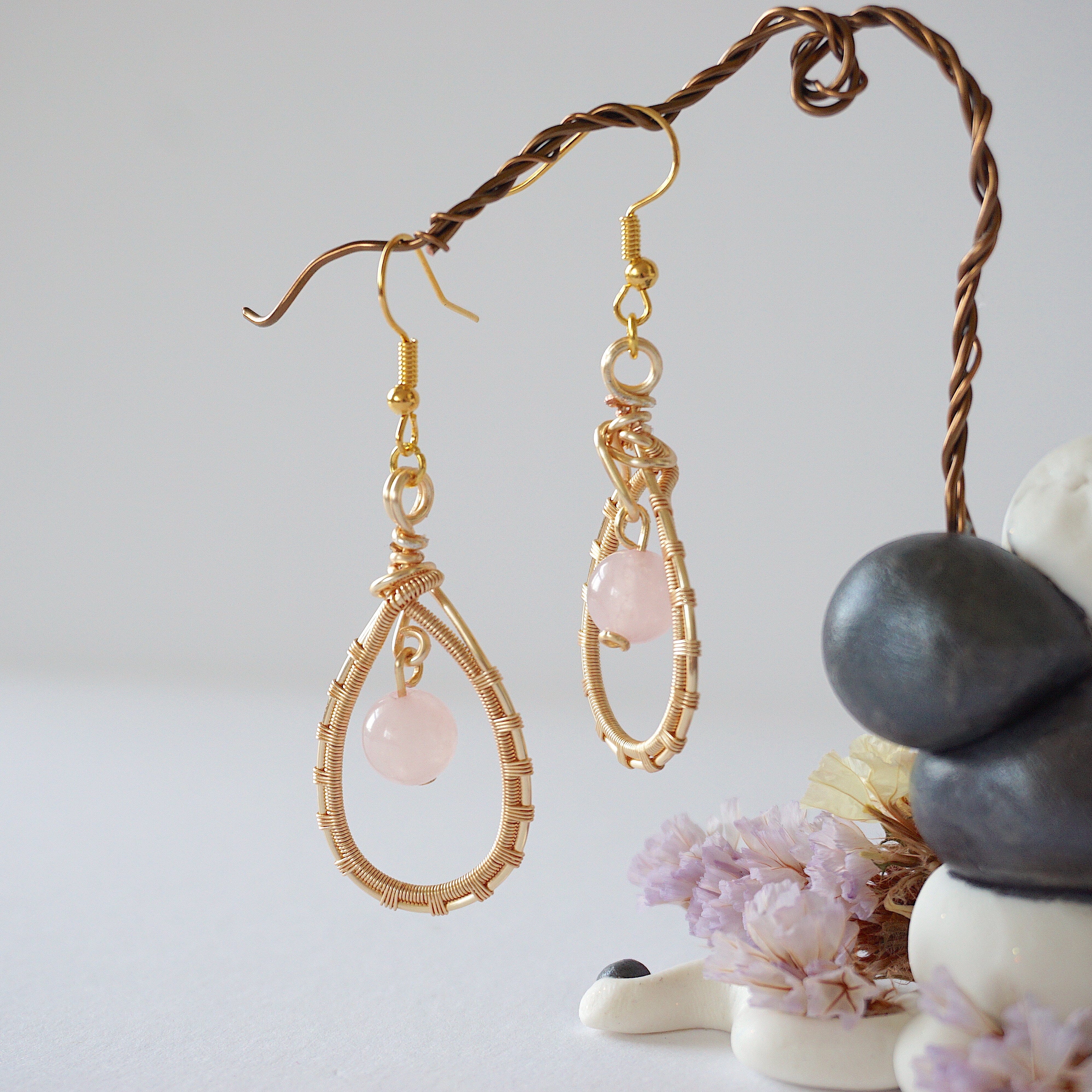 Rose Quartz Round Wire Earrings - Gold Plated Dangle Earrings for Women, Healing Crystal Jewelry Gift for Mom, Wife, Girlfriend - Perfect for Valentine's Day, Birthday & Everyday Wear