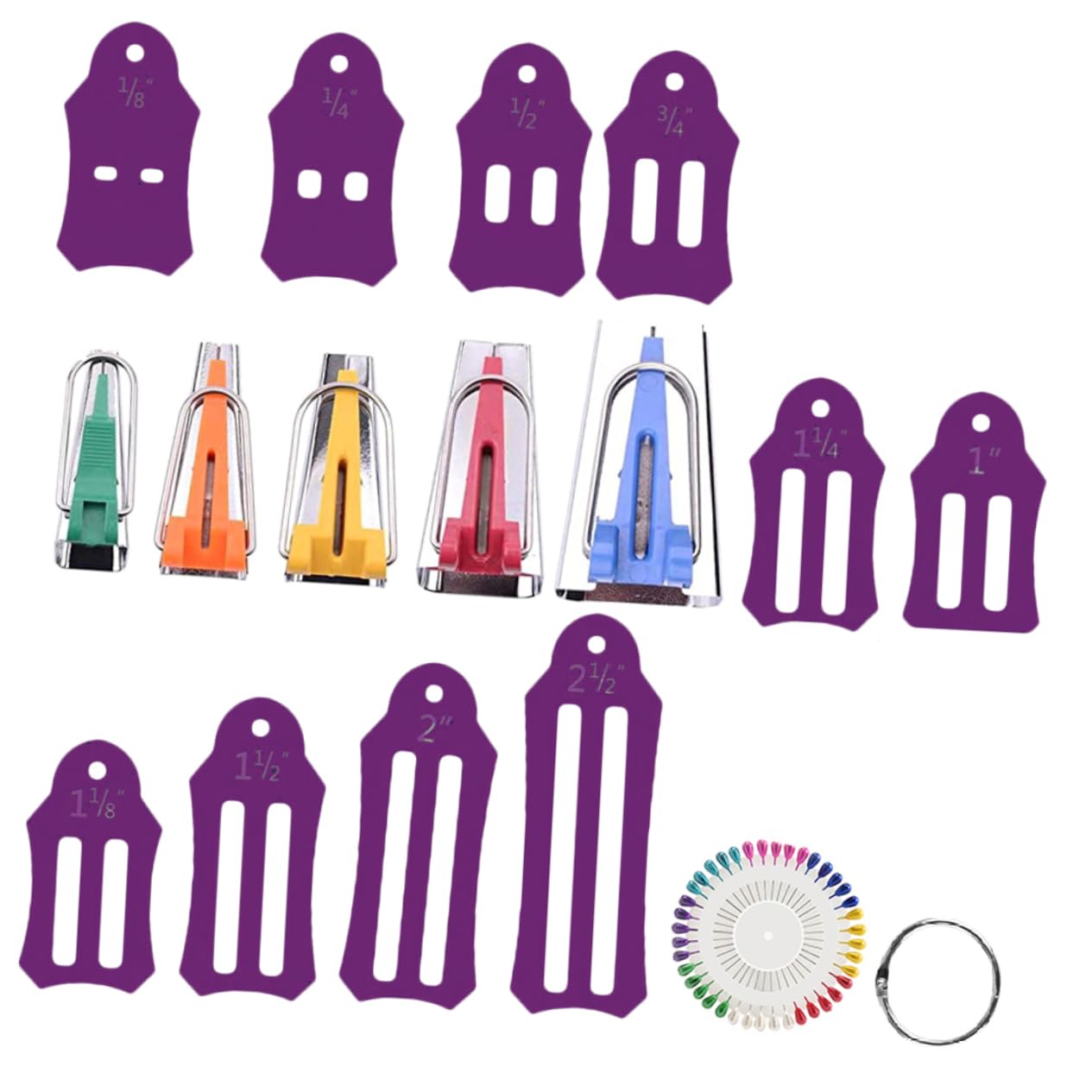 KONTONTY 1 Set Multi-Size Bias Tape Maker Tool Kit with Sewing Clips - Professional Fabric Folding Tools for Quilting, Sewing & DIY Craft Projects - Perfect for Dressmaking, Hemming & Scrapbooking