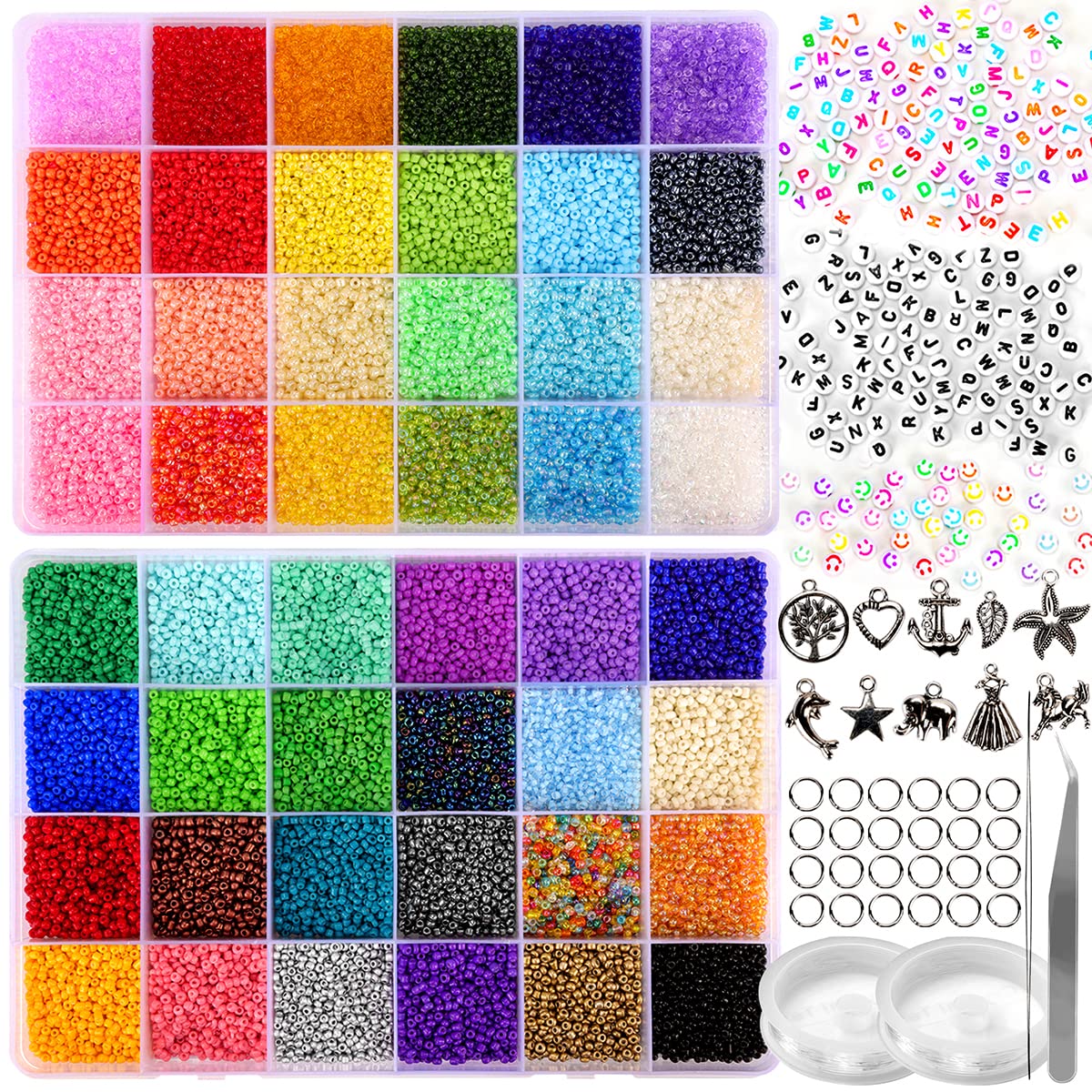 MOHARY 2023 New 35000pcs 2mm Glass Seed Beads & 250pcs Alphabet Letter Beads Kit with Elastic String Cord & Charms - DIY Jewelry Making Supplies for Bracelets, Necklaces, Keychains & Gifts