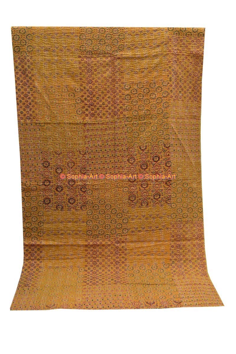 Sophia Art Queen Size Hand Block Print Kantha Quilt 90x108 Inch - Ajrakh Bedspread with Vegetable Dye | Indigo Print Cotton Blanket (Yellow Patch) for Bedroom Decor, Boho Chic Home, Guest Room & Cozy Throw