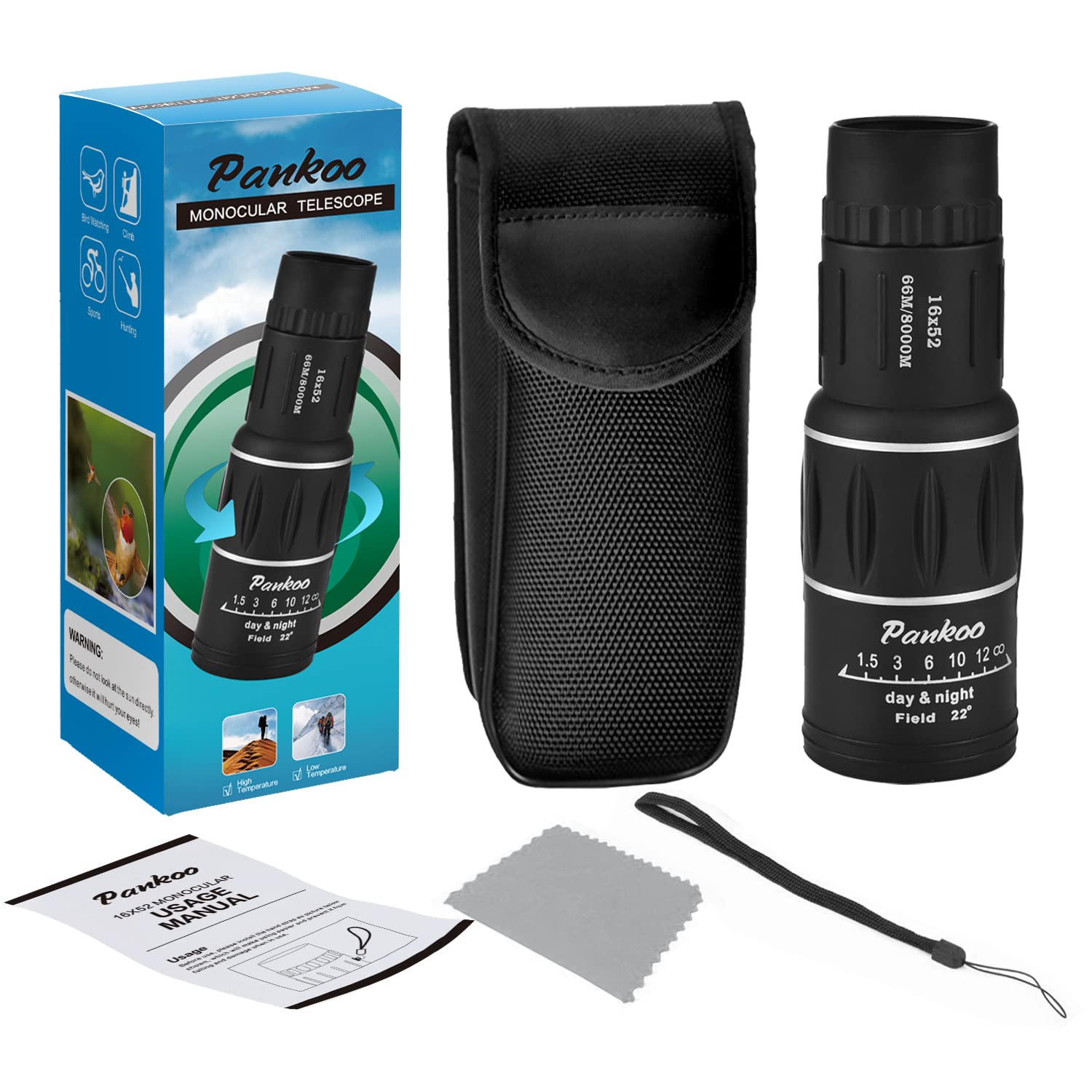 16X52 High Power Monocular Telescope for Adults - Compact & Lightweight HD Prism Monocular for Bird Watching, Hiking, Concerts, Travel - Perfect Outdoor Gift for Nature Enthusiasts & Adventurers