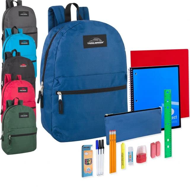 24 Pack Bulk Kids Backpacks with School Supplies - Durable Trailmaker Backpack Set for School, Travel & Outdoor Activities | Includes Pencils, Notebooks & More