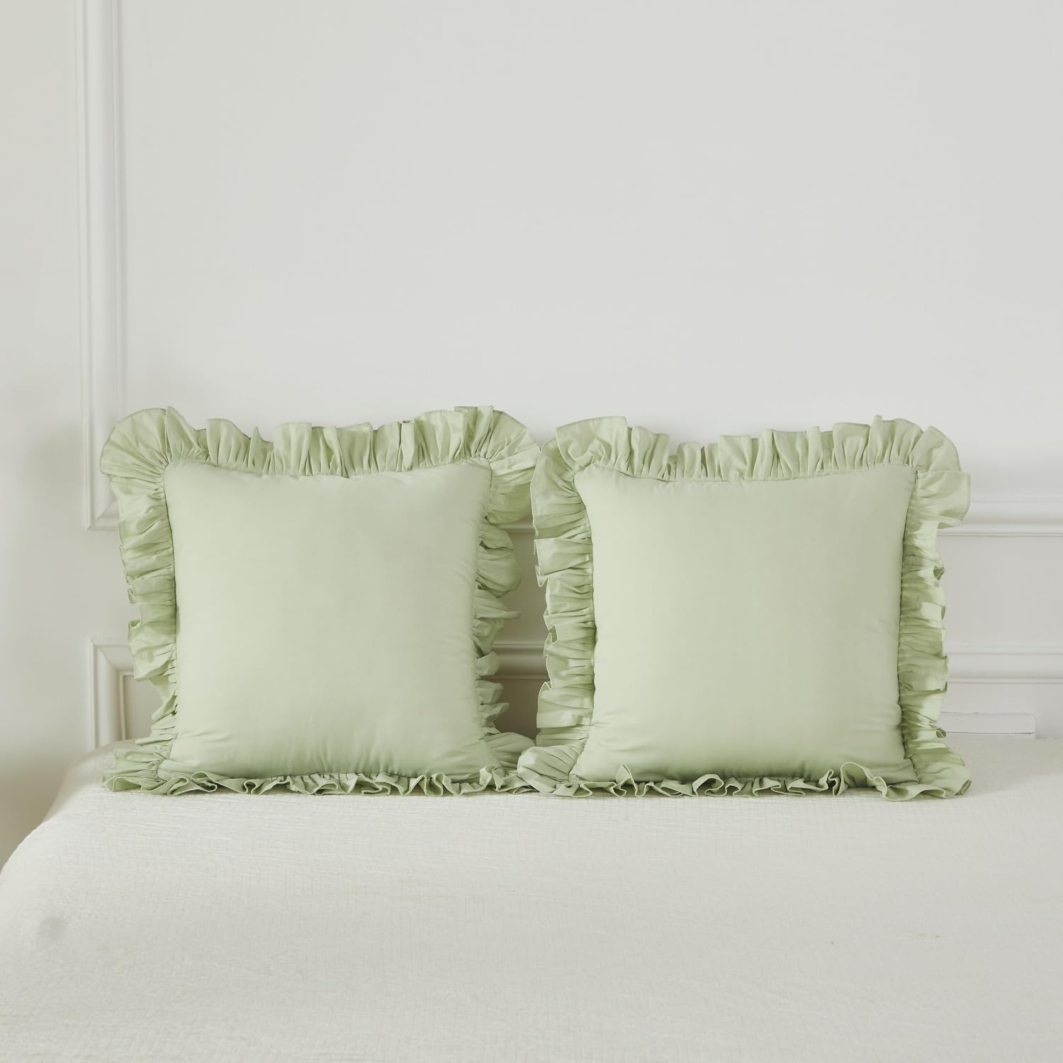 Lemfux Decorative Pillow Covers - Set of 2 Green Euro Shams 20x20 Inch, 100% Cotton Shabby Chic Pillowcases for Sofa, Bed & Couch - Coquette Style Home Decor