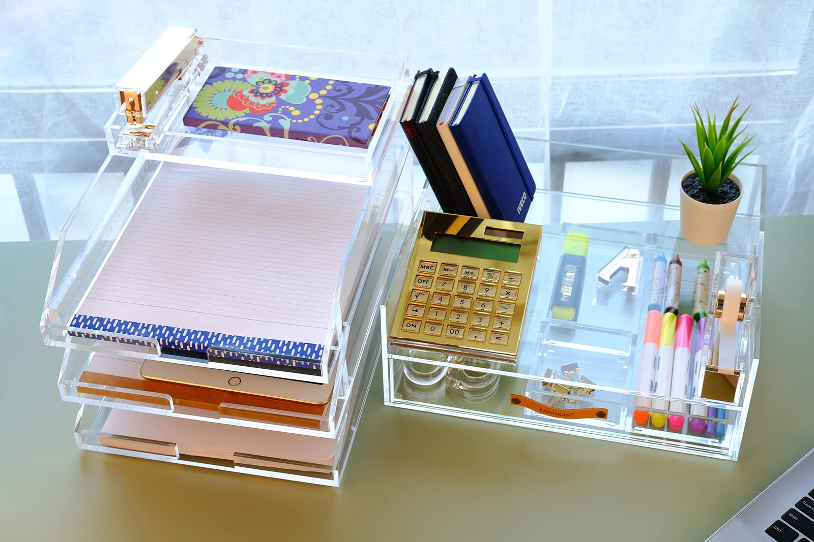 Clear Acrylic Desk Organizer 4-Pack - Stackable Drawer Dividers for Office, Home & Makeup Vanity | Small Tray & Half Accessory Tray for Jewelry, Stationery & Cosmetics Storage | Perfect for Workspace Organization & Beauty Essentials