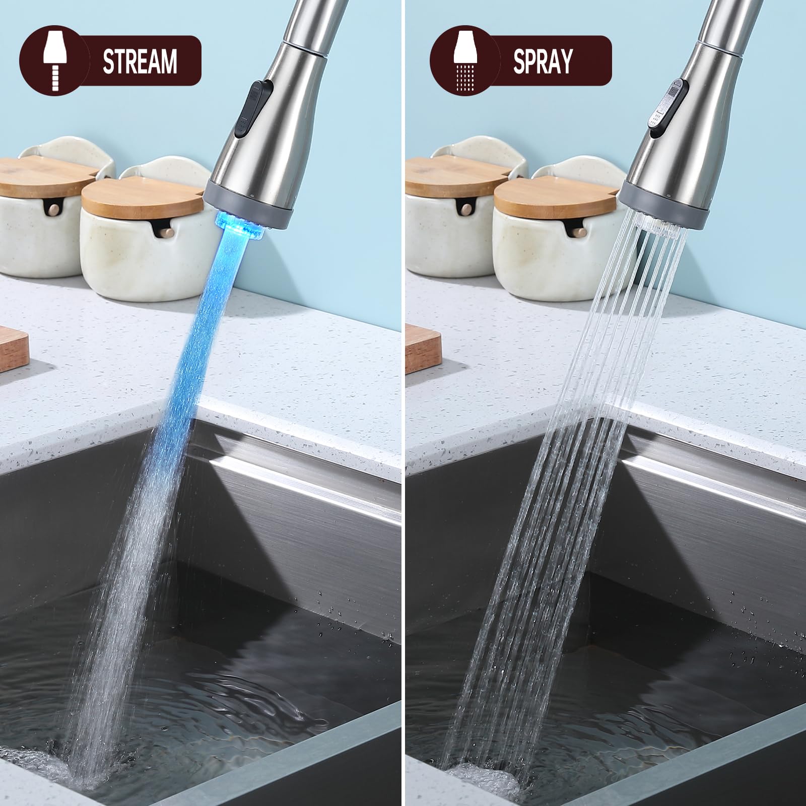 Brushed Nickel 3-in-1 Kitchen Sink Faucet with Pull Down LED Light Sprayer & Water Filter Purifier - Dual Handle Design for Farmhouse, Laundry, Camper, RV & Bar Use