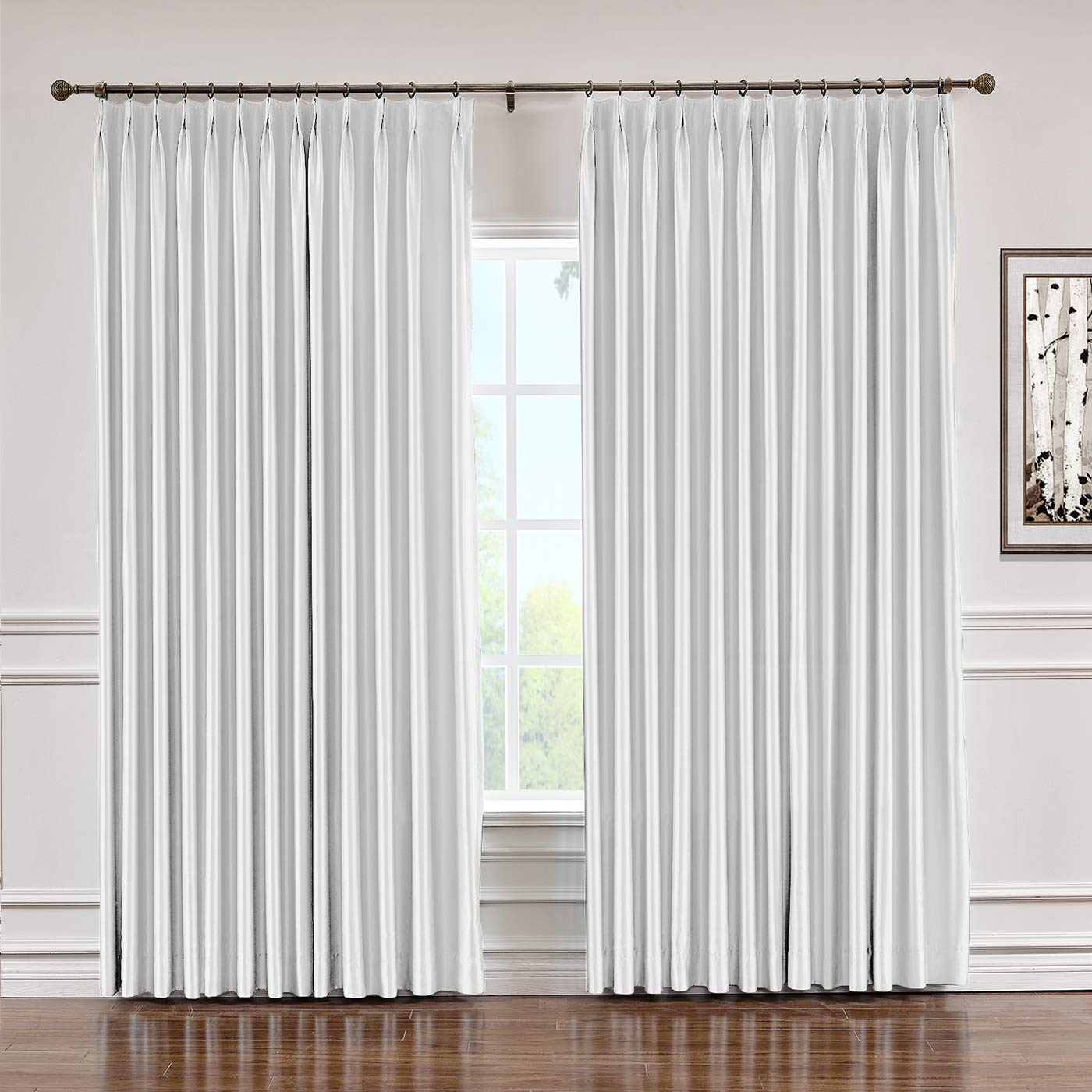 TWOPAGES Solid Faux Silk Blackout Pinch Pleat Curtains for Bedroom & Living Room - Light Reducing Window Drapes, Soft Thermal Insulated Door Panel (50x96 Inches, White) - Perfect for Privacy, Sleep & Home Decor