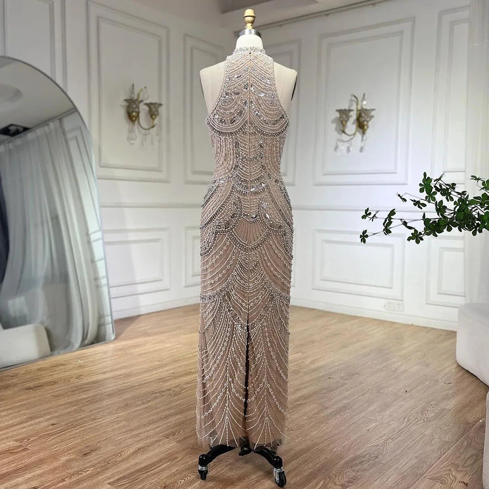 Elegant Silver Nude Halter Sleeveless Pearls Beaded Mermaid Evening Gown for Women - 2025 Formal Party Dress LA72091 | Perfect for Prom, Gala, Wedding & Special Occasions