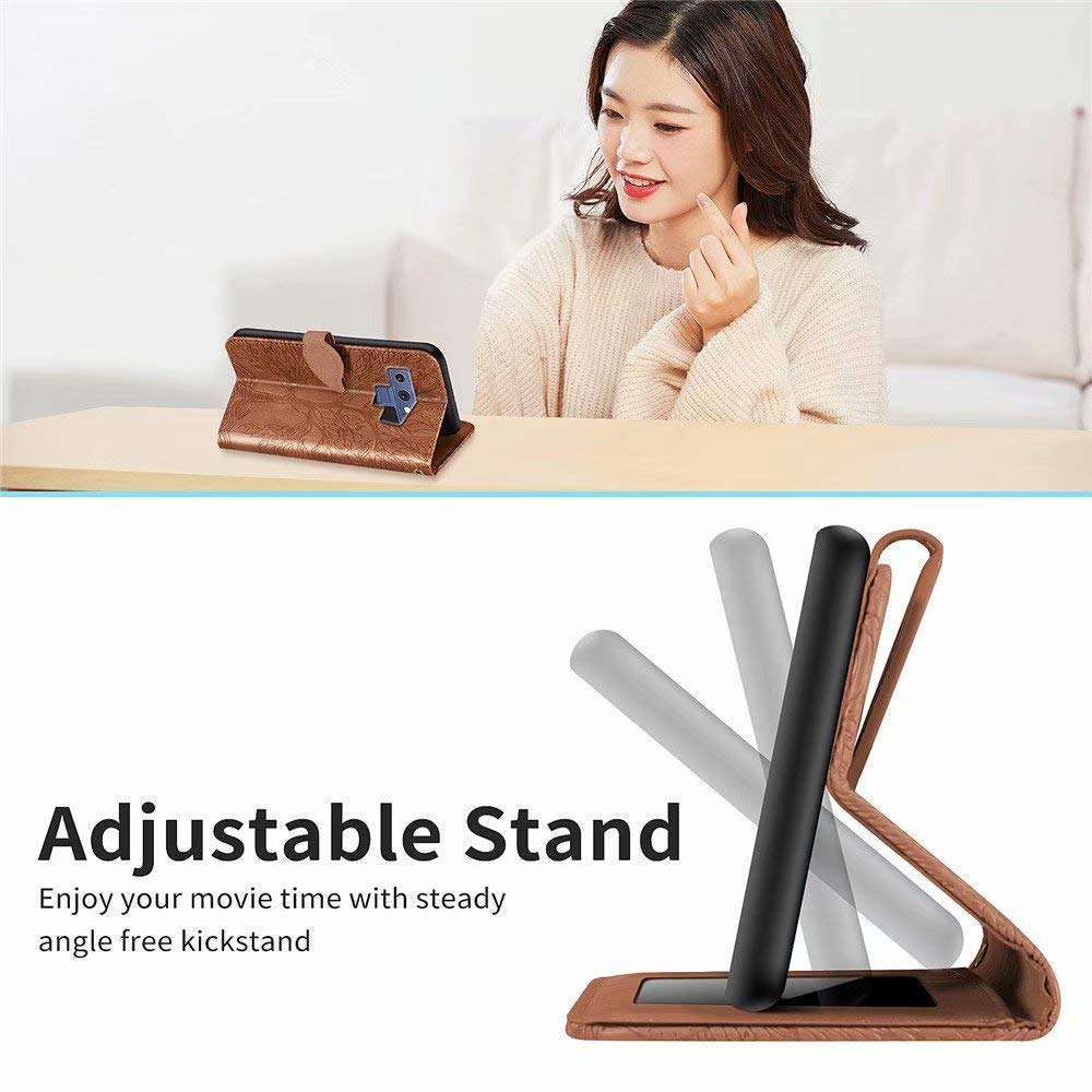 Premium PU Leather Wallet Case for Samsung Galaxy Note 9 - Embossed Tree Design, Folio Flip Cover with Kickstand, Card Slots & Wrist Strap | 6.4 inch Protective Phone Cover (R-Brown) | Perfect for Business, Travel & Everyday Use