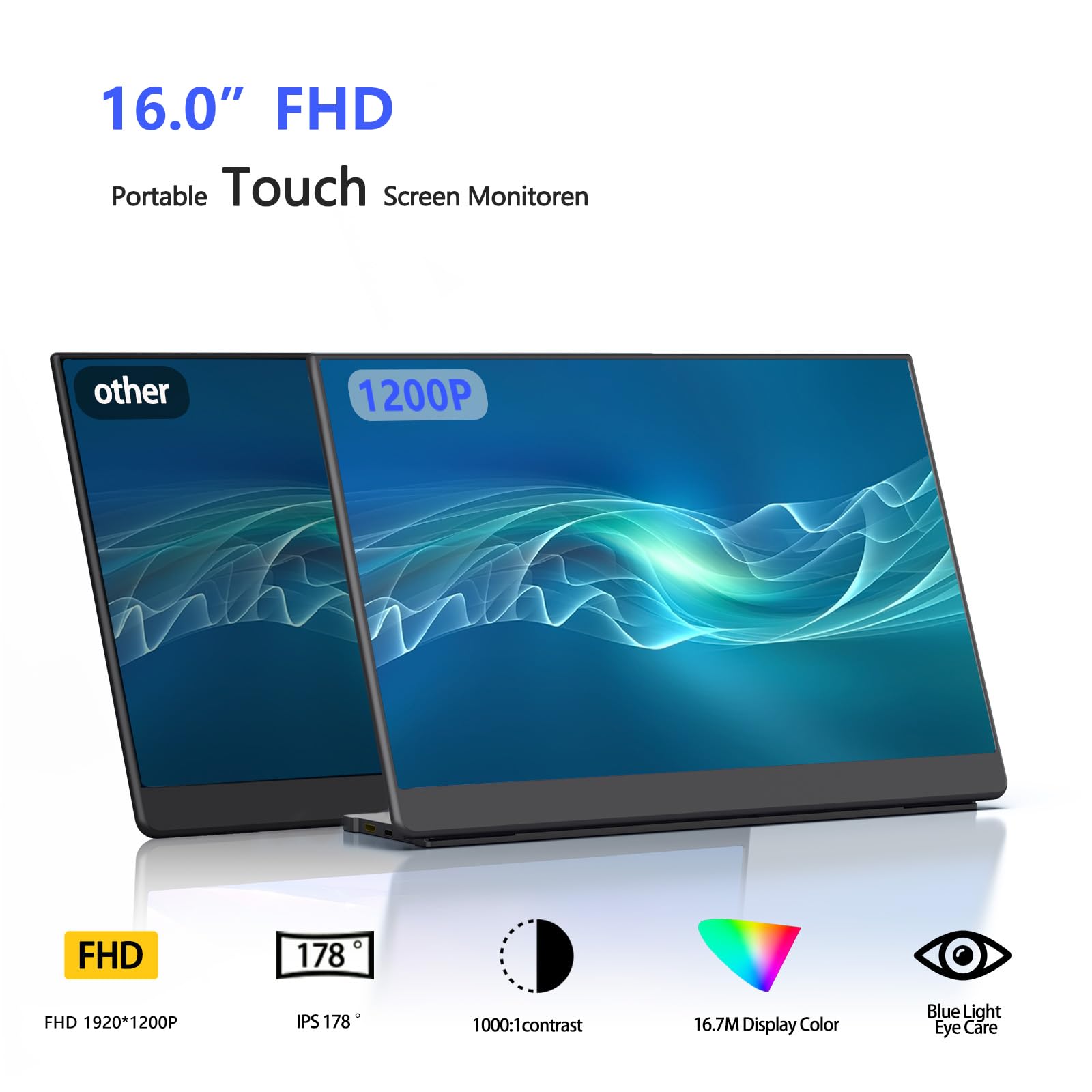 Upgraded 16:10 16 Inch Touchscreen Portable Monitor - 1200P IPS Touch External Display for Laptop, MacBook & Mini PC - Ultra Slim Travel Second Screen with Folding Stand - Perfect for Gaming, Work & Business Travel
