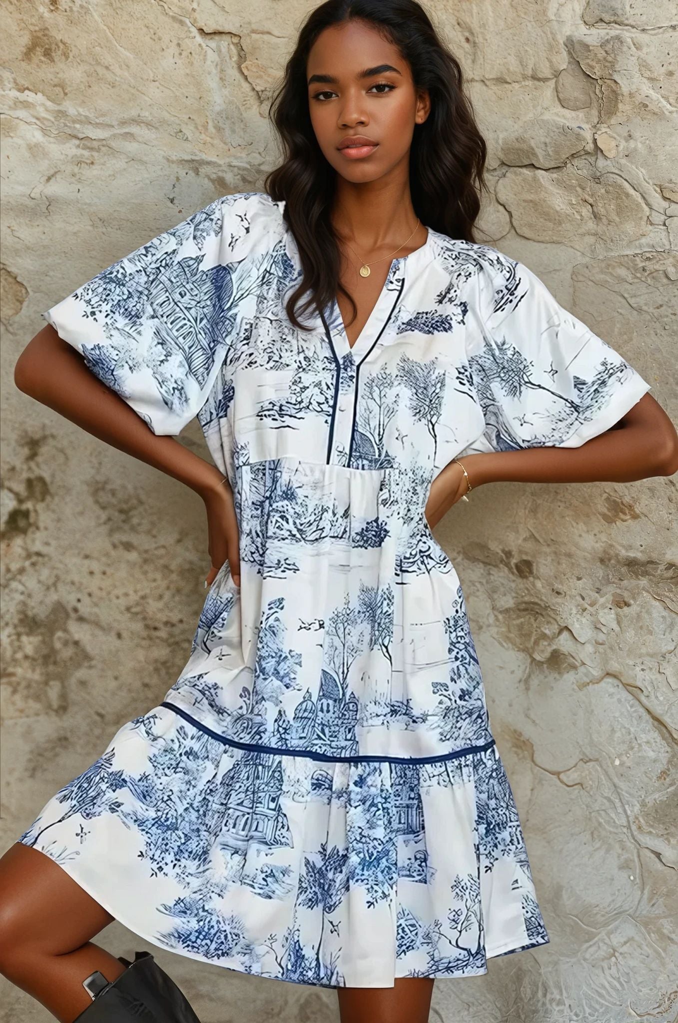 Stylish Two-Tone Landscape Print Resort Dress for Women - Perfect for Beach Vacations, Summer Getaways & Resort Wear