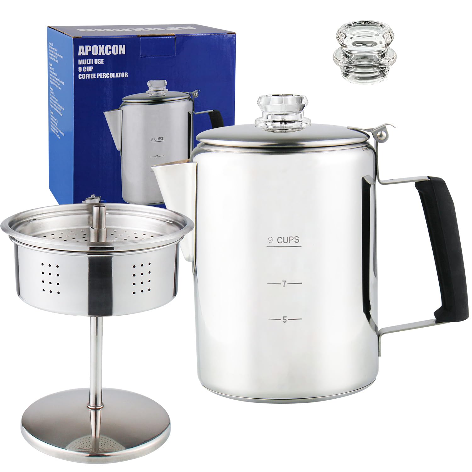 Premium Stainless Steel Percolator Coffee Pot - 9 Cup Stovetop Coffee Maker with Borosilicate Glass Knob & Heat-Resistant Handle for Camping, Home & Office - Compatible with Gas Stove, Induction Cooker & Campfire - Perfect for Outdoor Adventures & Daily Brewing