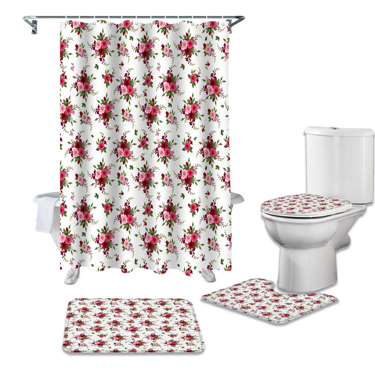 BestLives 4-Piece Shower Curtain Set with Non-Slip Bath Mat & 12 Hooks - Rose Bouquet Floral Design in Red & Pink for Bathroom Decor | Soft Toilet Lid Cover & Petal Leaf Pattern | Perfect for Home, Apartment, and Guest Bathroom Renovation