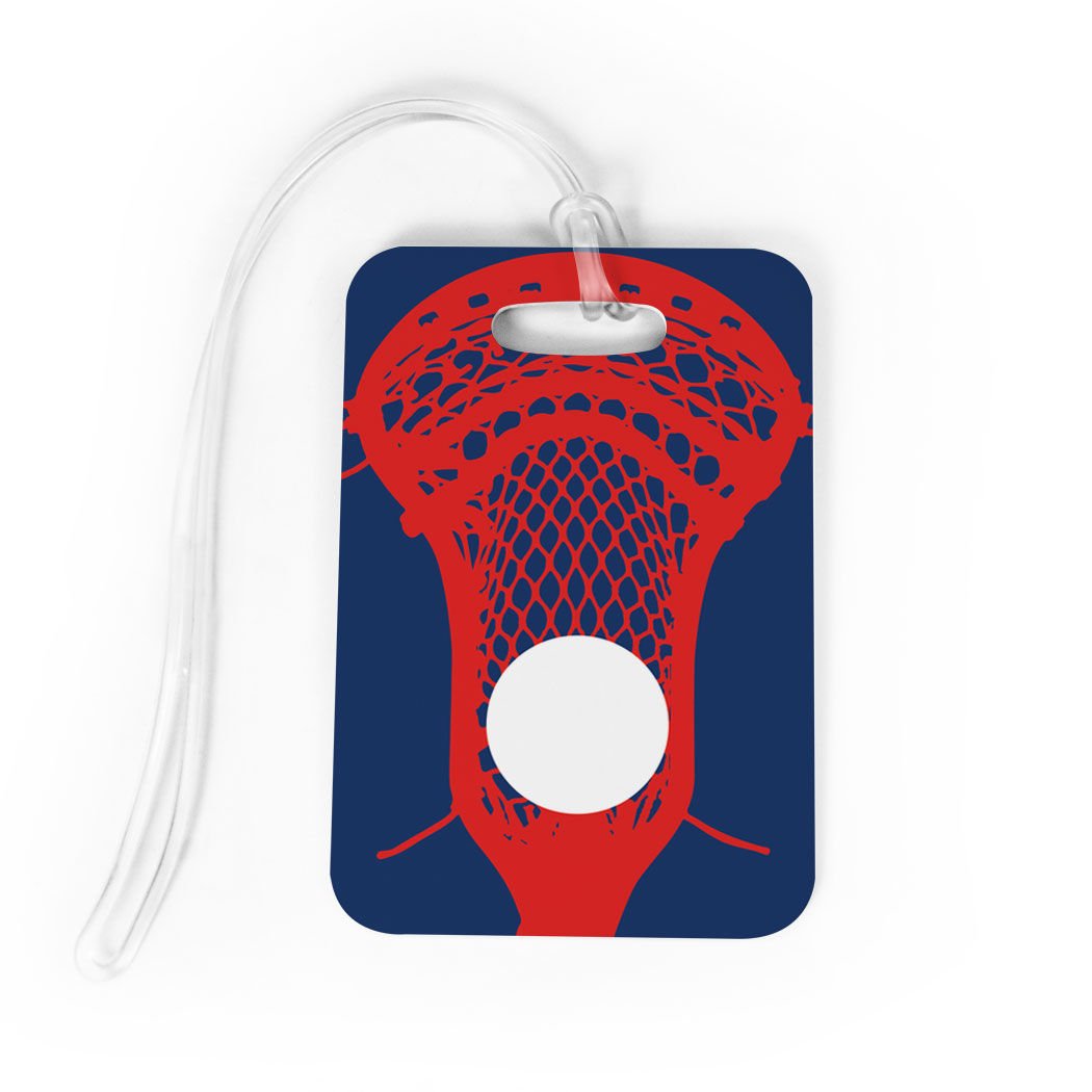 ChalkTalkSPORTS Men's Lacrosse Luggage Tag & Bag Tag - Large Custom Lacrosse Stick Design with Personalized Info on Back - Medium Size in Navy/Red - Perfect for Travel, Sports Gear & Team Identification