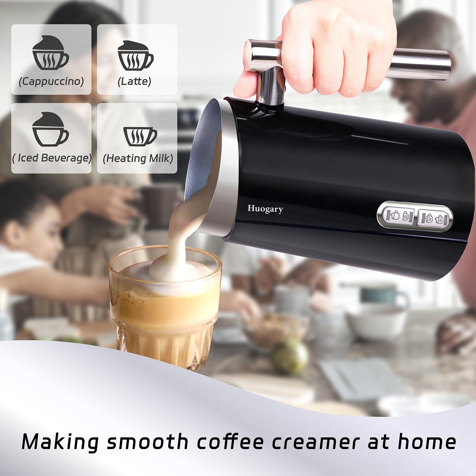 Huogary 4-in-1 Electric Milk Frother and Steamer - 4.5oz/10.5oz Capacity for Coffee, Latte, Cappuccino - Black (N11-C) | Perfect for Home Baristas, Coffee Shops & Office Use