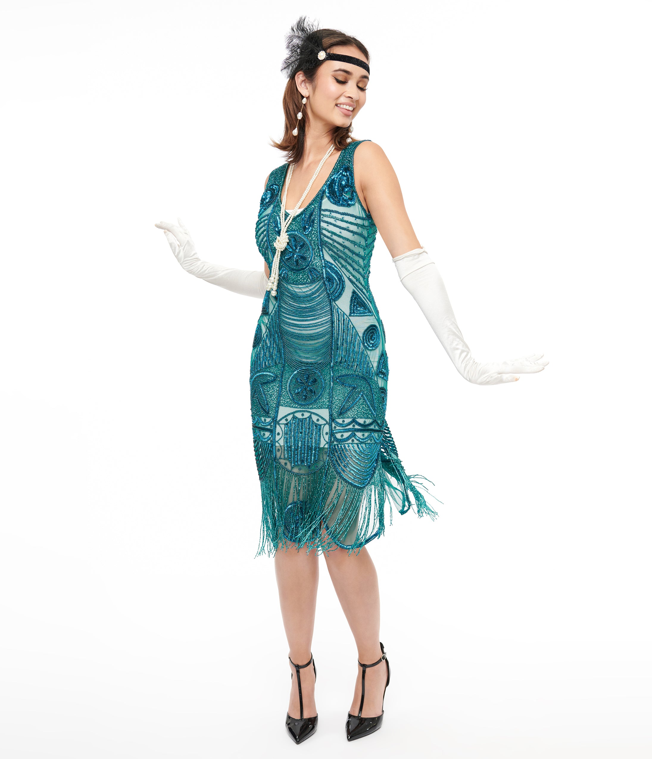 Vintage 1920s Style Teal Hand-Beaded Fringe Flapper Dress - Gatsby Party, Roaring 20s Costume, Halloween Outfit & Burlesque Show Attire