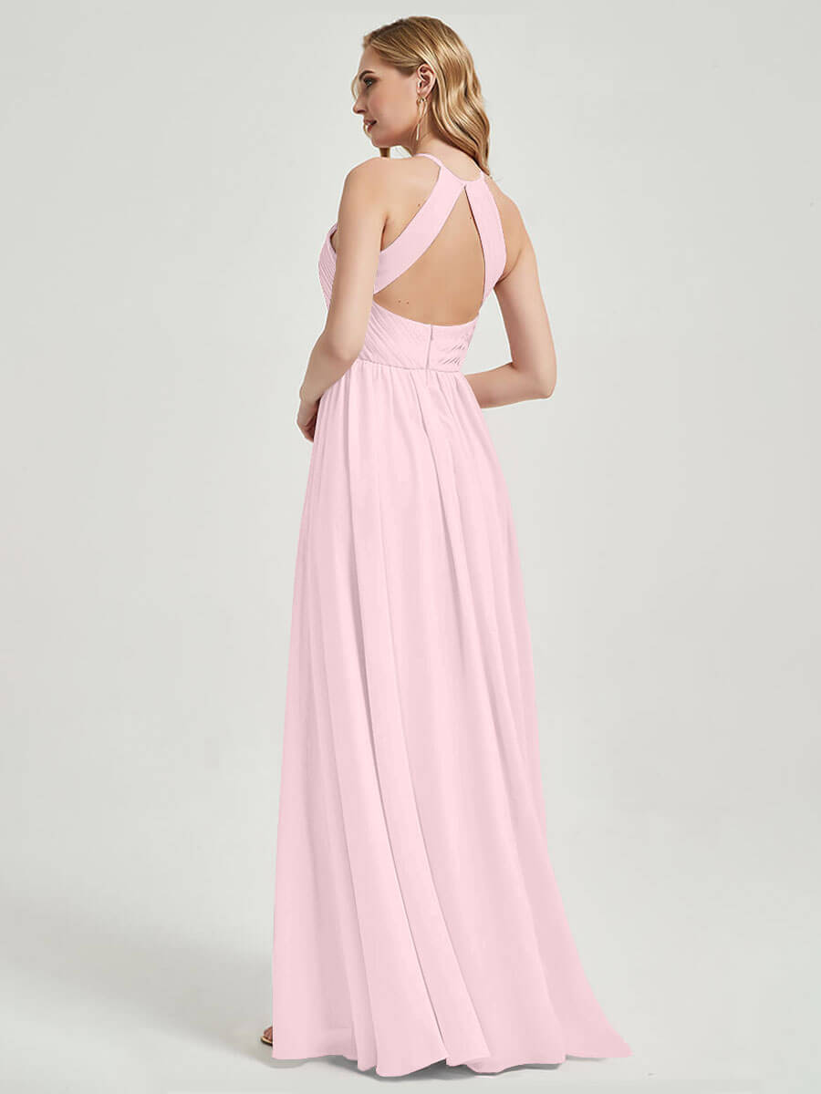 Elegant Blush Halter Pleated Keyhole Back Chiffon Floor Length Bridesmaid Dress - Perfect for Weddings, Formal Events & Special Occasions