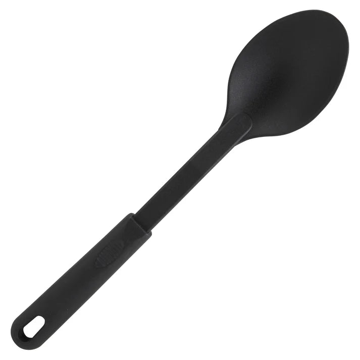 Winco 12-Inch Solid Stainless Steel Serving Spoon - Heat Resistant Up to 410°F - Black Handle - Perfect for Cooking, Serving & Buffet Use