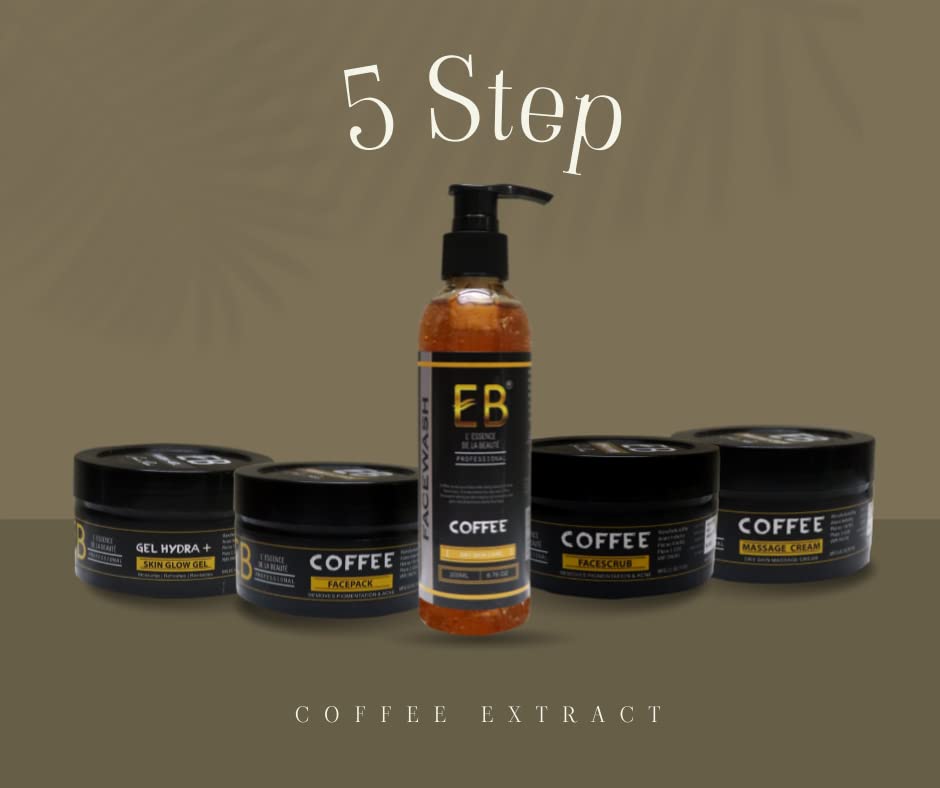 EB Coffee Facial Kit - 5 Step Skincare Set with Coffee Face Wash, Massage Cream, Face Pack, Scrub & Hydra Gel (200g Each) for Glowing Skin - Perfect for Spa Day, At-Home Facial & Self-Care Routine