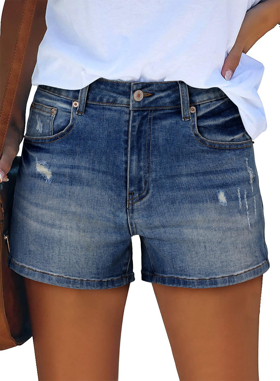 CHICZONE Women's Mid-High Waisted Ripped Denim Jean Shorts - Stretchy Cutoff Summer Shorts for Casual Wear, Beach & Outdoor Activities