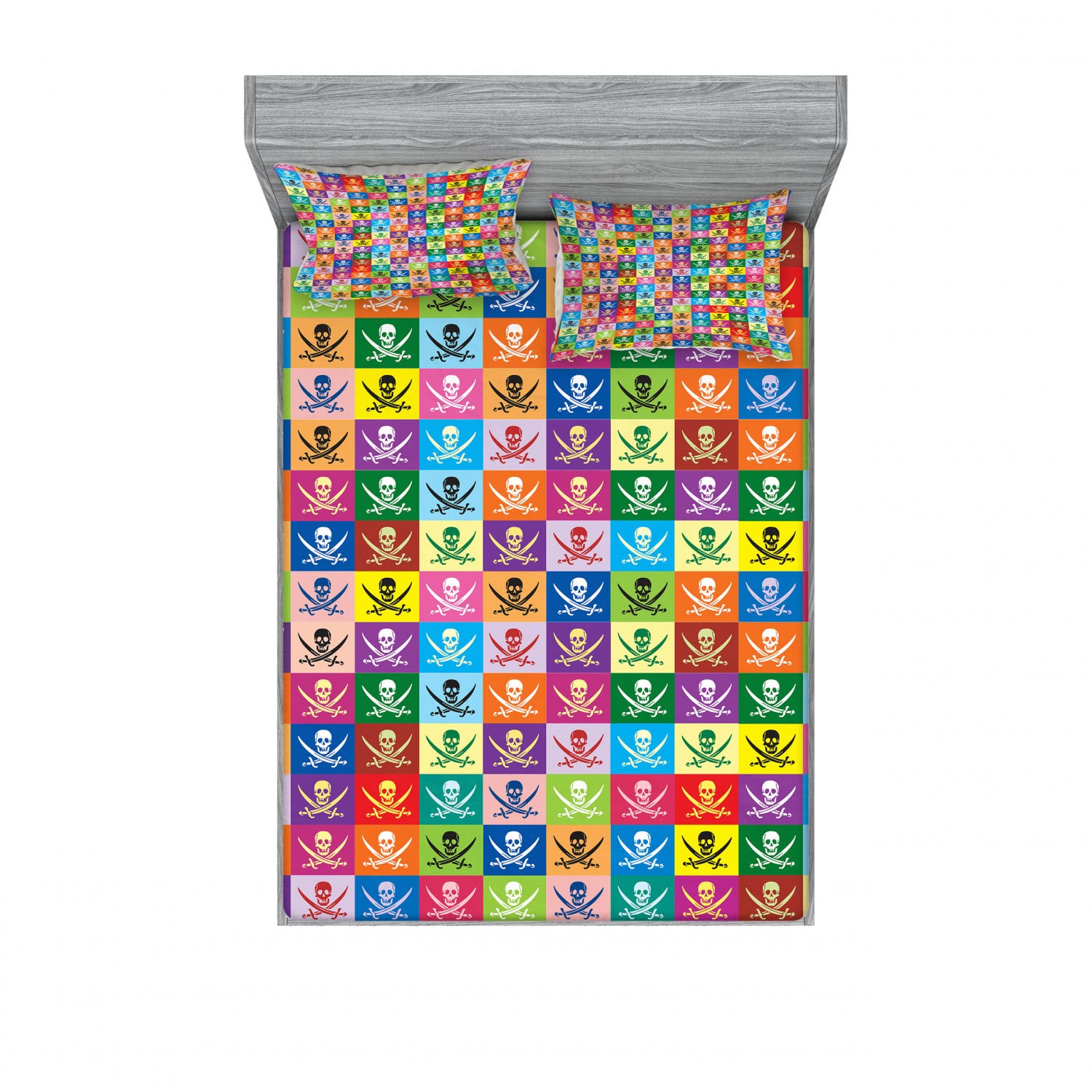 Ambesonne 2-Pack Full Size Fitted Sheet Set with 4 Pillow Shams - Pirate Flags Design Colorful Bedding Collection for Boys Room Decor | Perfect for Kids Bedroom, Nautical Theme Party & Dorm Room Essentials