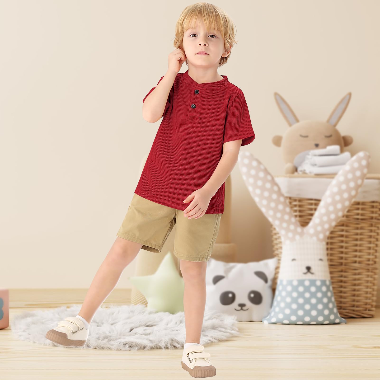 XMWEALTHY Baby Boys' 2-Pack Waffle Knit Short Sleeve Henley Shirts - Soft Cotton Toddler Tops for Playdates & Everyday Wear