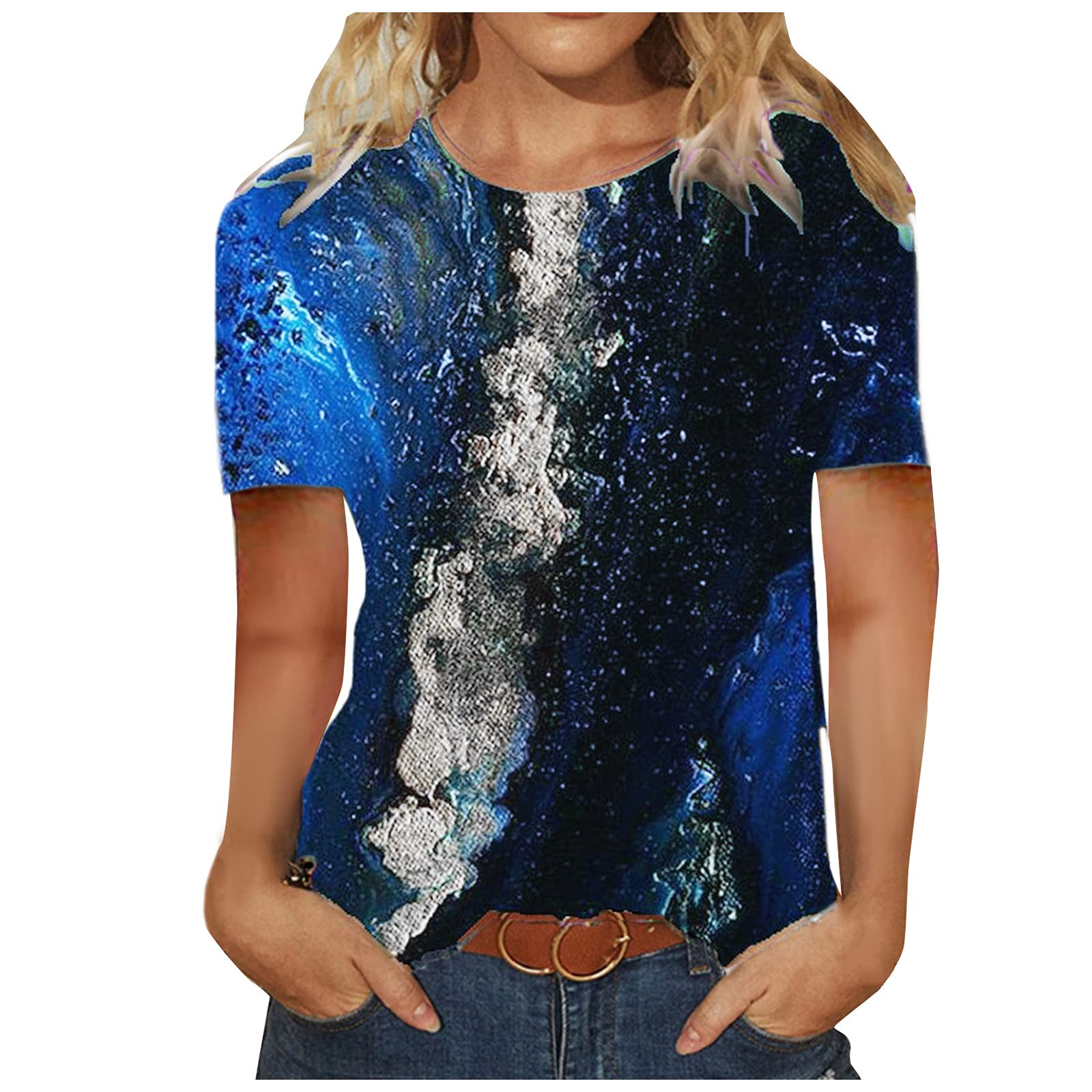 Women's Vintage Print Loose Casual Short Sleeve O-Neck Blouse - Breathable Summer Tops for Women - Perfect for Beach Outings, Date Nights & Office Wear