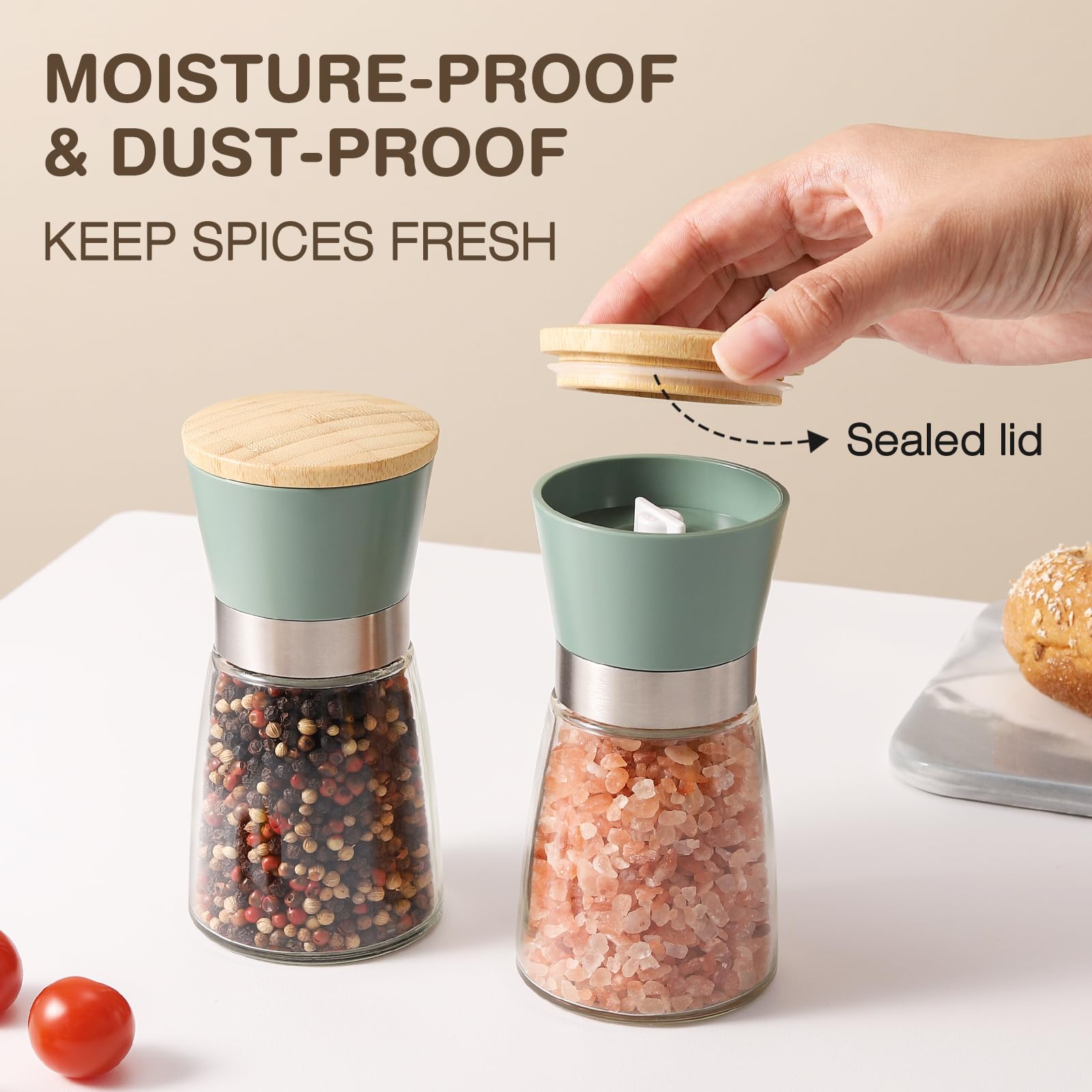 Premium Bamboo Salt and Pepper Grinder Set - Adjustable Ceramic Burr Mill for Coarse to Fine Seasoning - Refillable Manual Kitchen Shakers (Green) - Perfect for Cooking, Dining & Gourmet Gift Giving