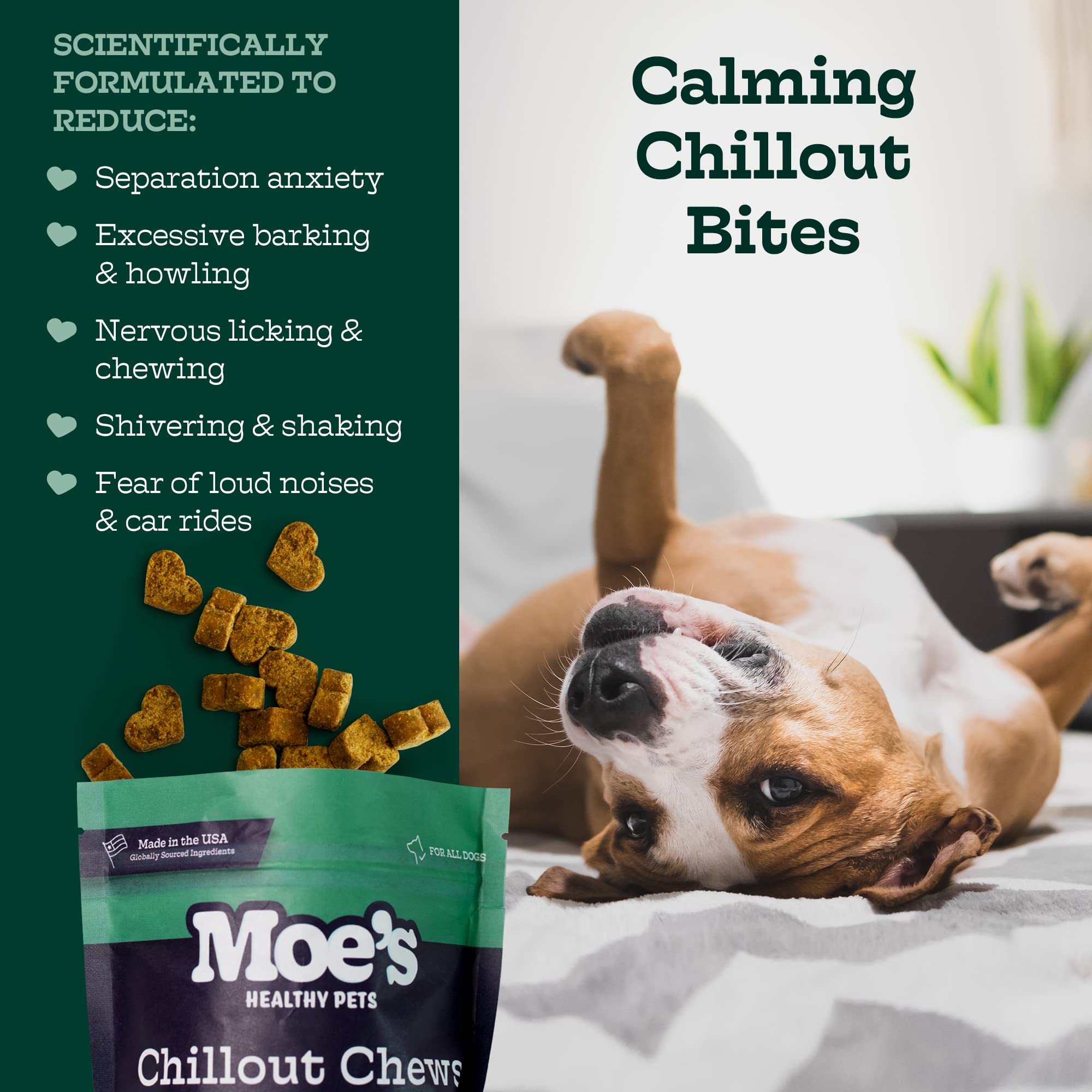 Moe’s Hemp Calming Chews for Dogs - Natural Stress & Anxiety Relief with Tryptophan & Chamomile - Helps with Storms, Fireworks, Travel, Separation Anxiety - Made in USA - Peanut Butter Flavor - Perfect for Nervous, Hyperactive, or Anxious Dogs During Vet Visits, Grooming, or Thunderstorms