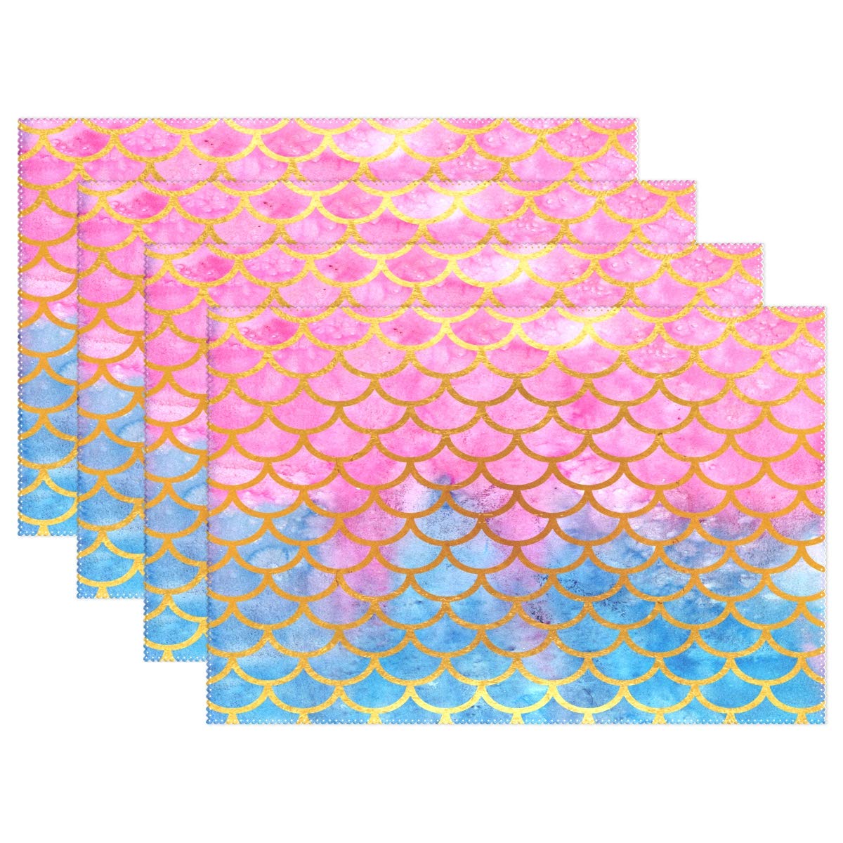AGONA Watercolor Mermaid Scales Gold Pink Placemats - Set of 4 Heat Resistant Non-Slip Table Mats - Washable Crossweave Woven Placemats for Dining & Kitchen Table Decor - Perfect for Dinner Parties, Holiday Gatherings & Everyday Meals
