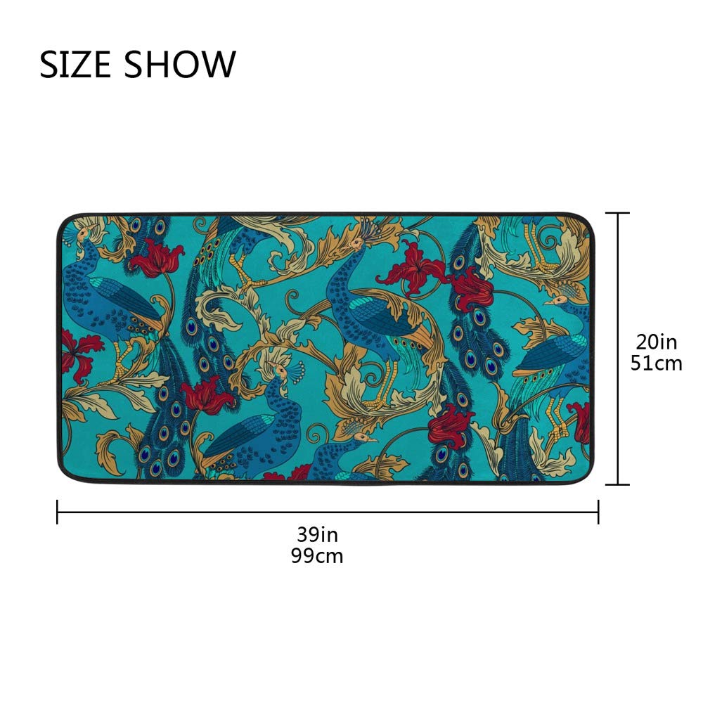 Non-Slip Soft Plush Memory Foam Kitchen & Bathroom Rug - Tropical Peacock Bird Flower Design, Blue, Extra Thick, Machine Washable, 39x20 Inch - Perfect for Bathroom Floor, Kitchen Sink Area, and Entryway Decor