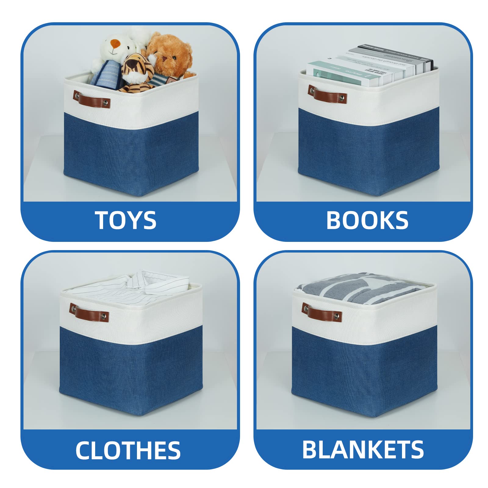 Temary 4-Pack Fabric Storage Cubes 11x11 Inch - Blue & White Organizing Bins with Handles for Home, Closet, Office, Nursery | Perfect for Shelves, Toy Storage, and Gift Baskets