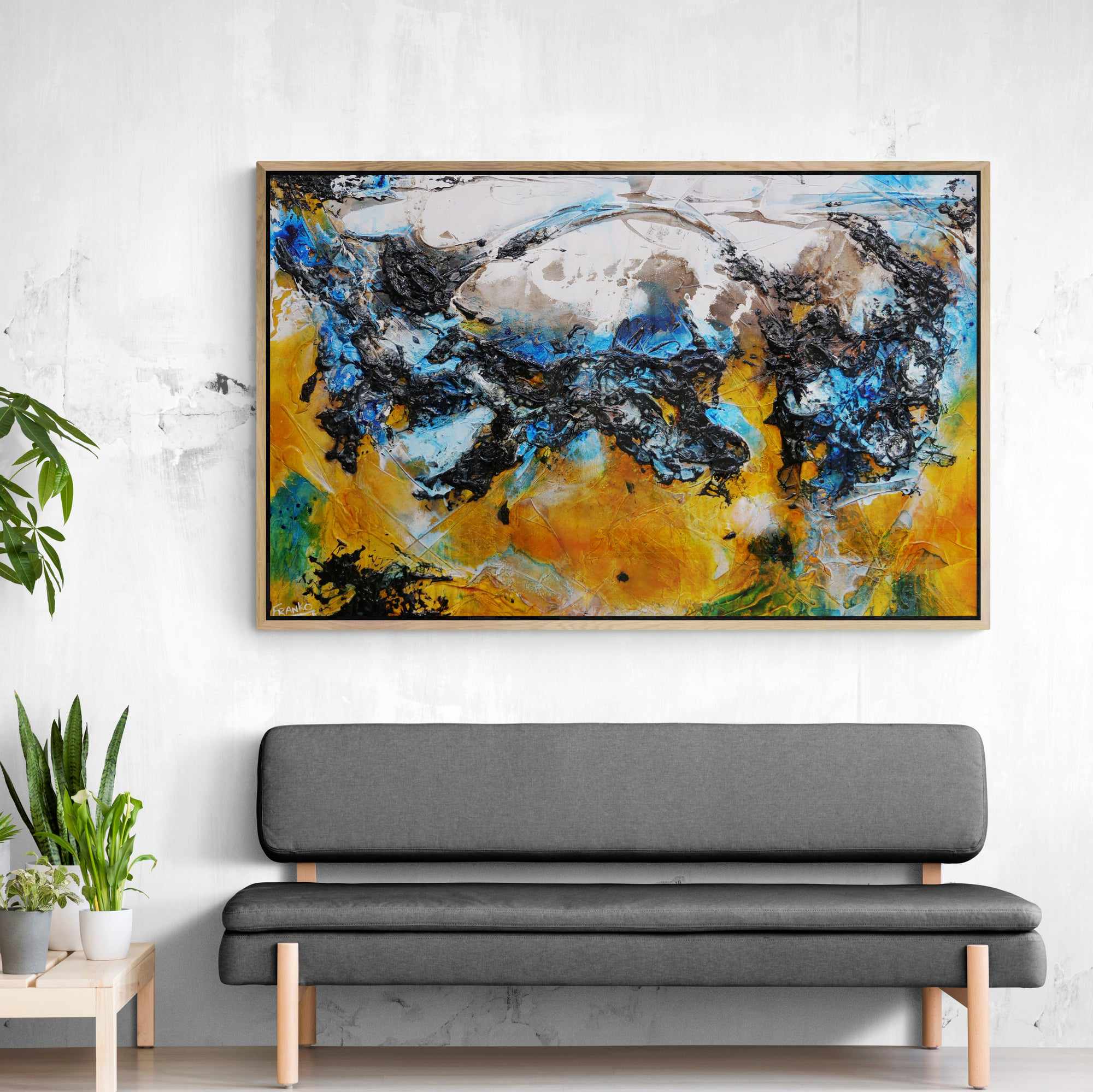Castaway Beach 160cm x 100cm Sienna Black Blue Textured Abstract Painting - Modern Wall Art for Living Room, Bedroom & Office Decor