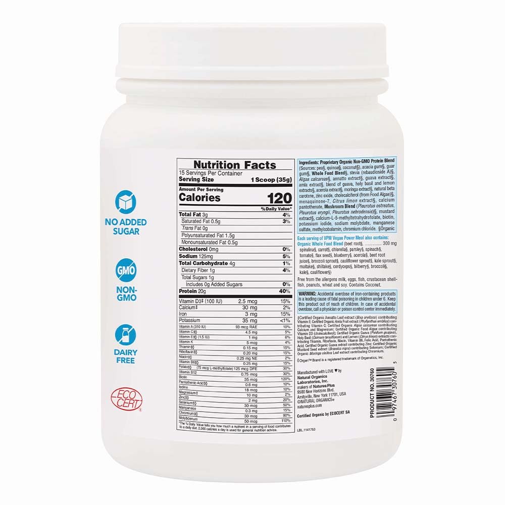 Natures Plus VPM Protein Powder - 1.16 lbs Unflavored Plant-Based Protein with Quinoa, Pea & Coconut - Organic, Vegan, Soy & Gluten Free (15 Servings) - Perfect for Smoothies, Baking & Post-Workout Recovery