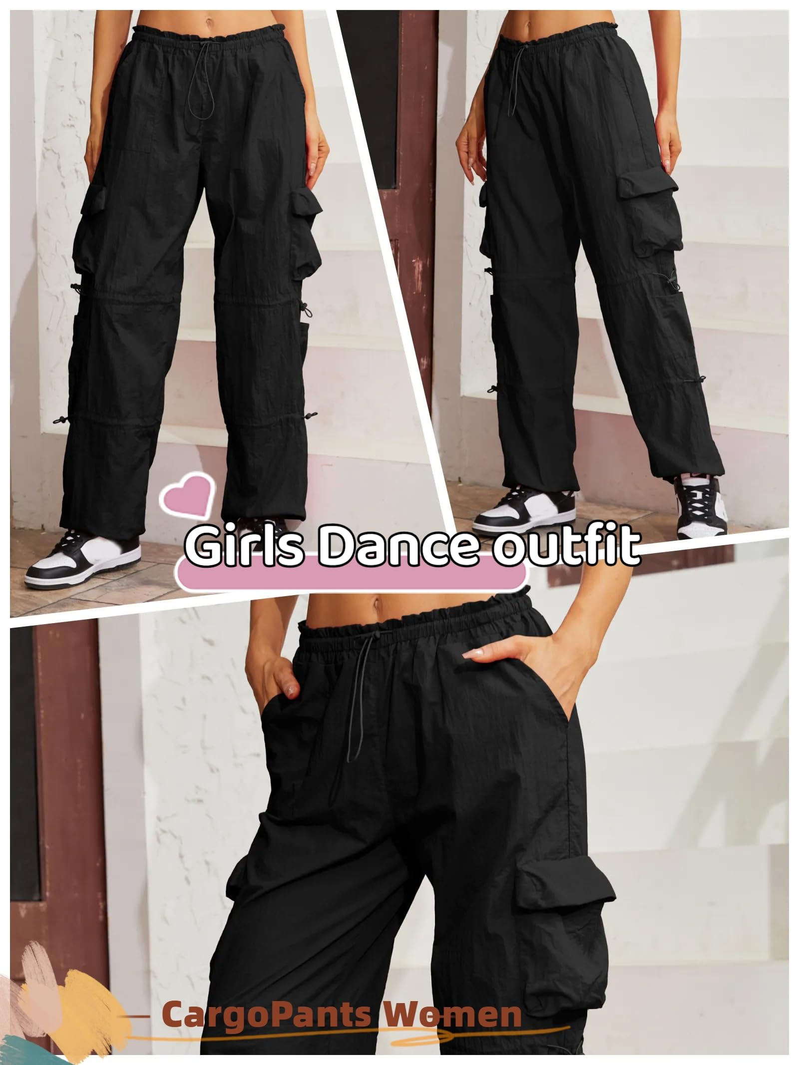 QYANGG Women's Baggy Parachute Pants with Drawstring Waist - Elastic Low Rise Cargo Joggers with Multiple Pockets | Y2K Streetwear Fashion for Casual Wear, Hip Hop Style & 90s Retro Outfits