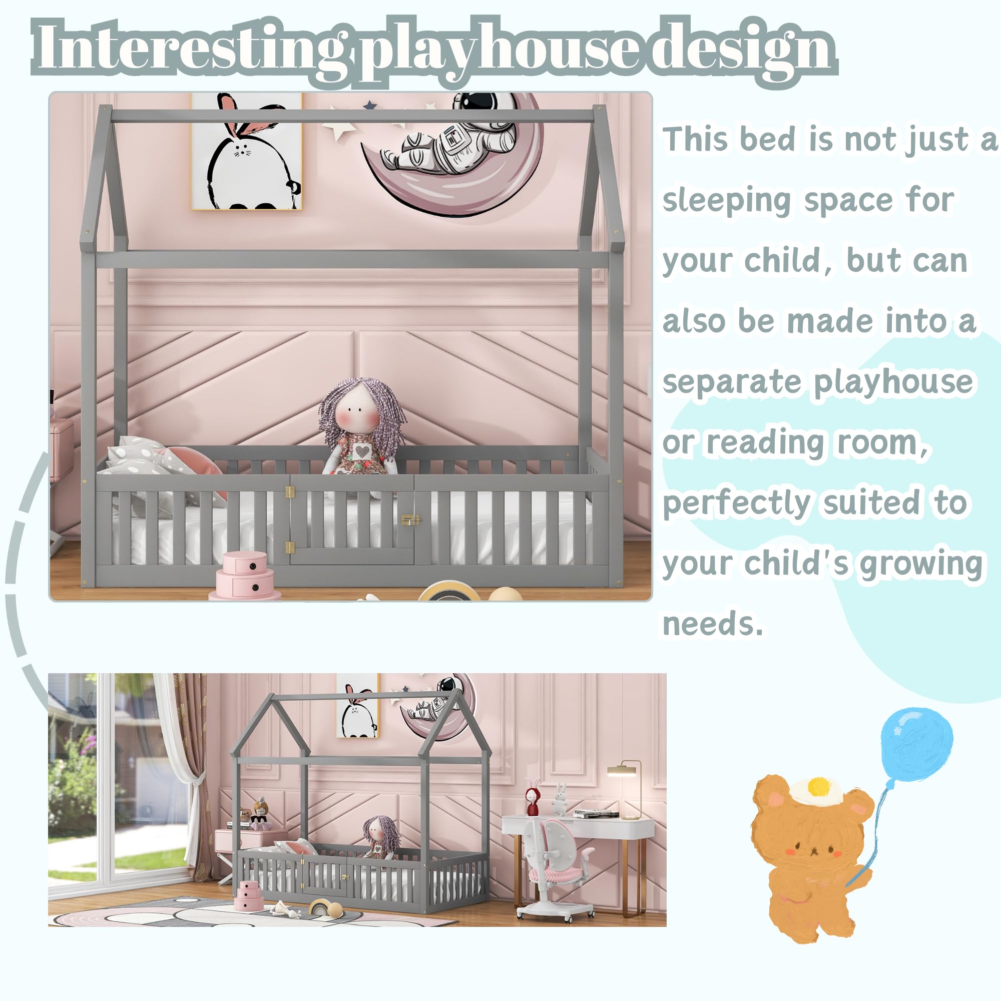 Montessori Twin Size Wooden Floor Bed with Fence & Door - Playhouse Style Bed Frame for Kids, Teens, Boys & Girls (Gray) - Perfect for Playrooms, Bedrooms & Montessori Learning Spaces