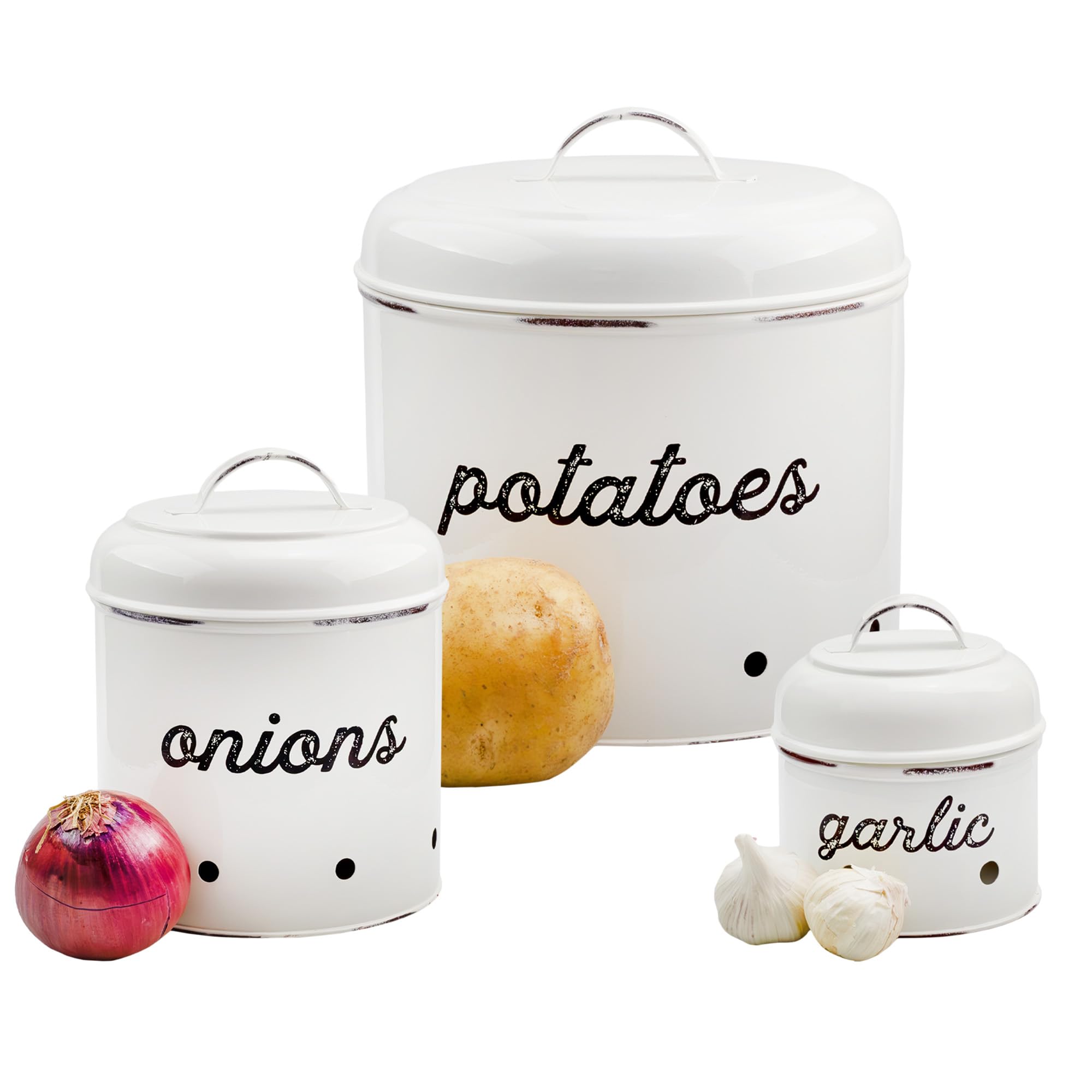 AuldHome Rustic White Enamelware Canister Set - 3-Piece Potato, Onion & Garlic Storage Containers for Kitchen Pantry Organization | Farmhouse Style Vegetable Bins for Countertop or Cabinet Storage