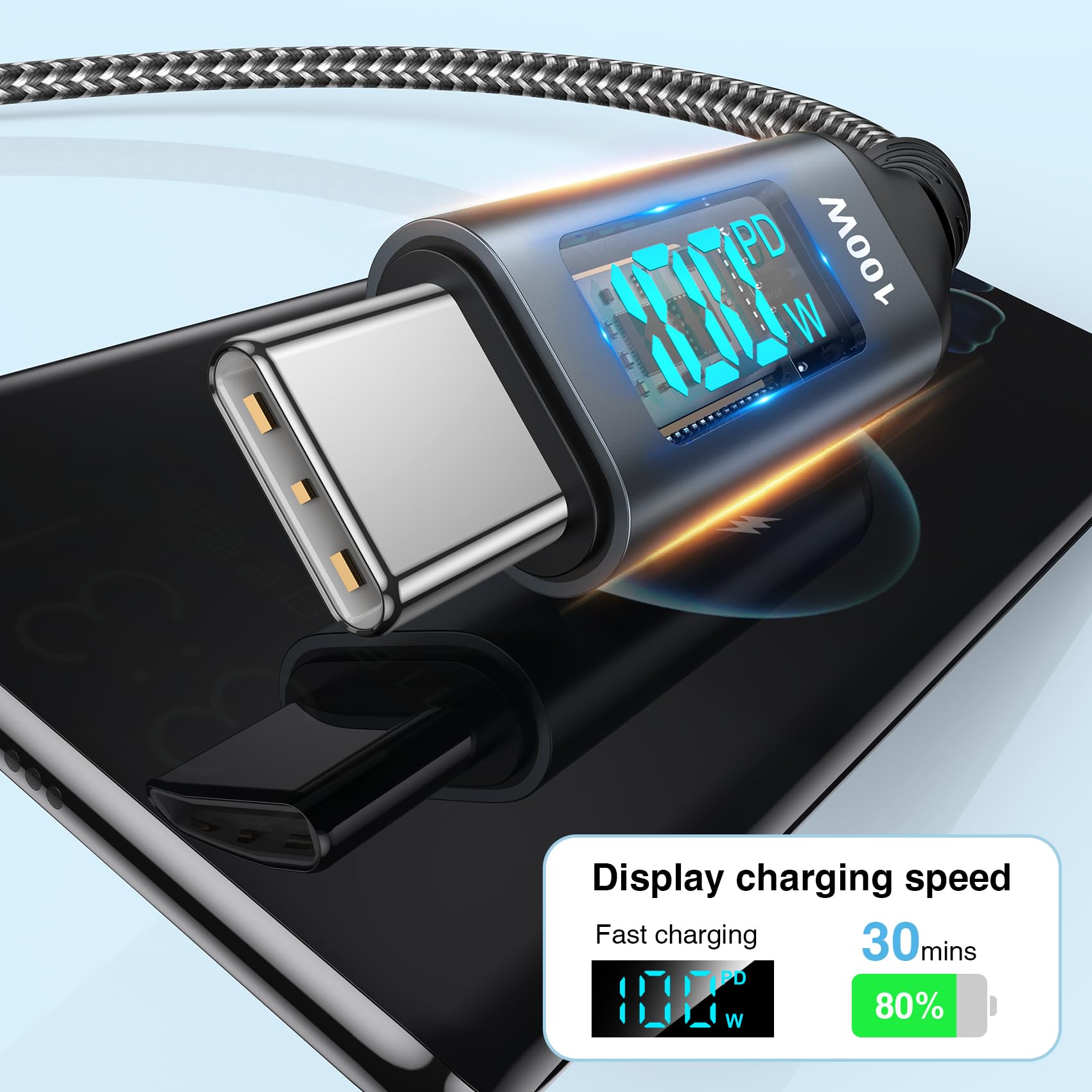 100W USB C to USB C Fast Charging Cable [6.6ft] with LED Display & 90 Degree Angled PD 5A - Compatible with MacBook Pro/Air, iPad Pro, iPhone 15, Huawei, Google Pixel & More - Perfect for Home, Office & Travel Charging