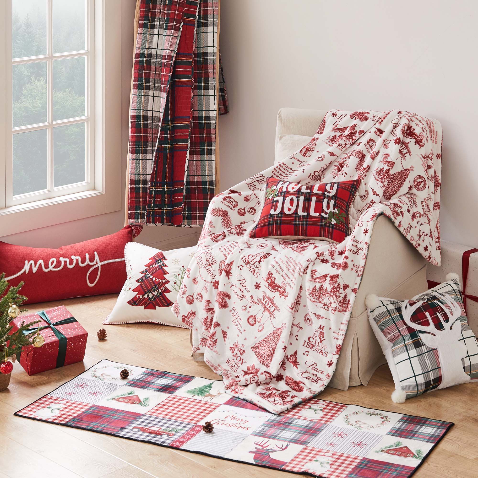 Stylish Spencer Plaid Merry Embroidered Throw Pillow - Perfect for Christmas Decor, Sofa & Bedroom Accent