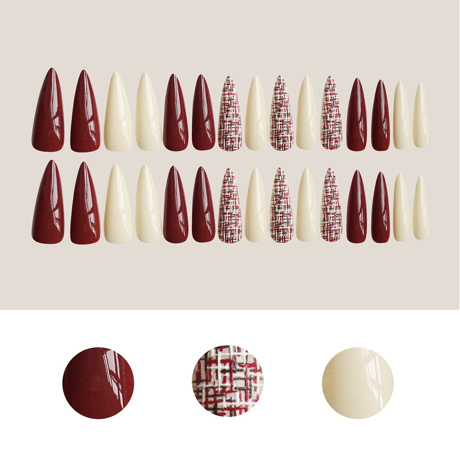 30PCS Solid Color Long Pointed Press on Nails - Glossy False Nails with 3D Embossing Plaid Designs for Women | Full Cover Stick on Fake Nails Kit (Milk White & Red) | Perfect for Parties, Weddings, Date Nights & Special Occasions