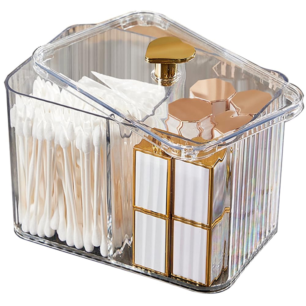 3-Section Cotton Ball & Swab Dispenser - Qtips Holder Bathroom Organizer with 3 Grids, Apothecary Jar for Vanity & Cosmetic Storage - Perfect for Bathroom Counter, Makeup Table & Travel Organizer
