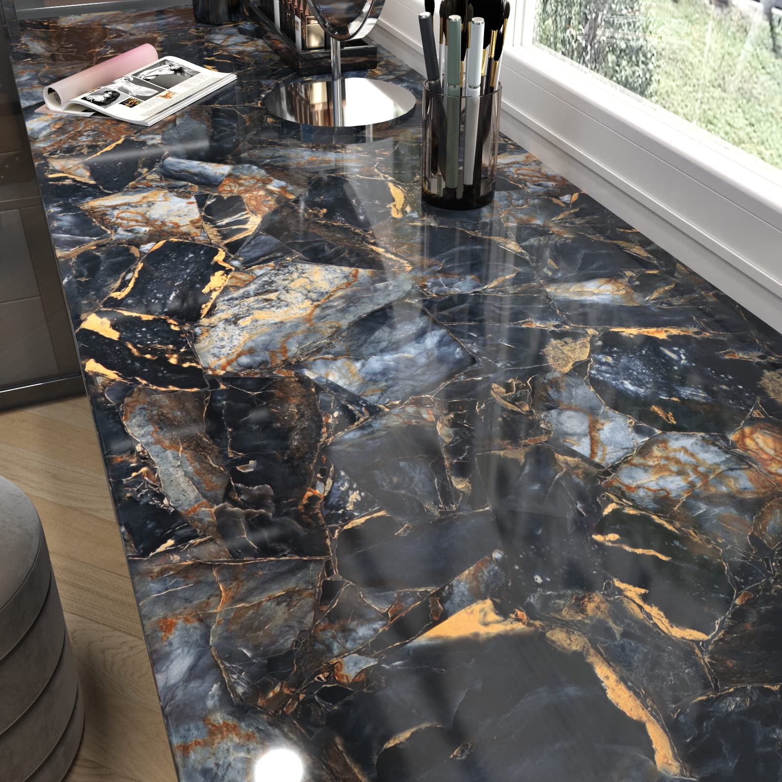 Premium Black Marble Contact Paper - Peel & Stick Waterproof Vinyl for Countertops, Shelves, Walls | 24