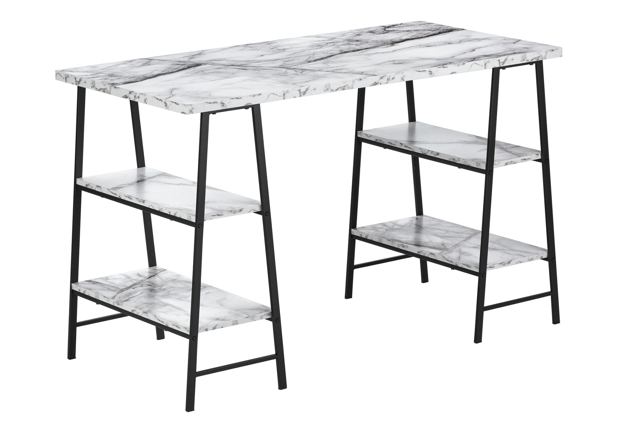 Monarch Specialties I 7527 48-Inch Modern Computer Desk with Storage Shelves - White Marble Look & Black Metal Frame - Home Office & Laptop Workstation for Contemporary Spaces