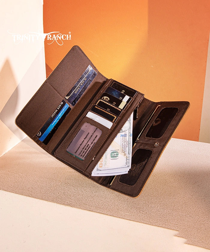 Trinity Ranch Floral Tooled Hair-On Cowhide Leather Wallet for Men & Women - Stylish Western Bifold Wallet for Everyday Use, Travel & Gifts